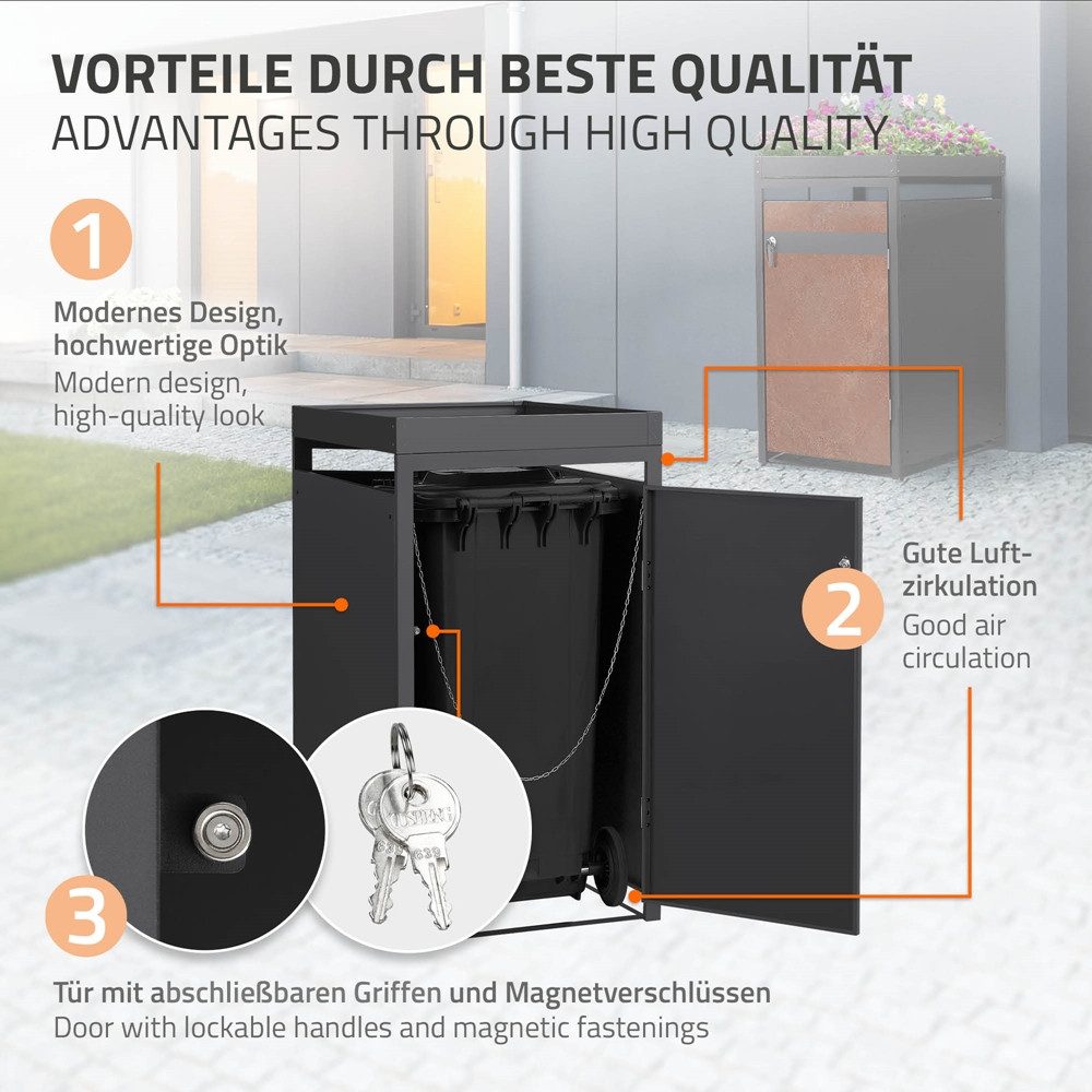 ML-DESIGN Mülltonnenbox Müllbox aus Stahl wetterfeste Mülltonnen Verkleidung Mülltonnengarage, für 1 Tonne 240L 68x80x124cm Anthrazit, Rot-Braun mit Pflanzdach