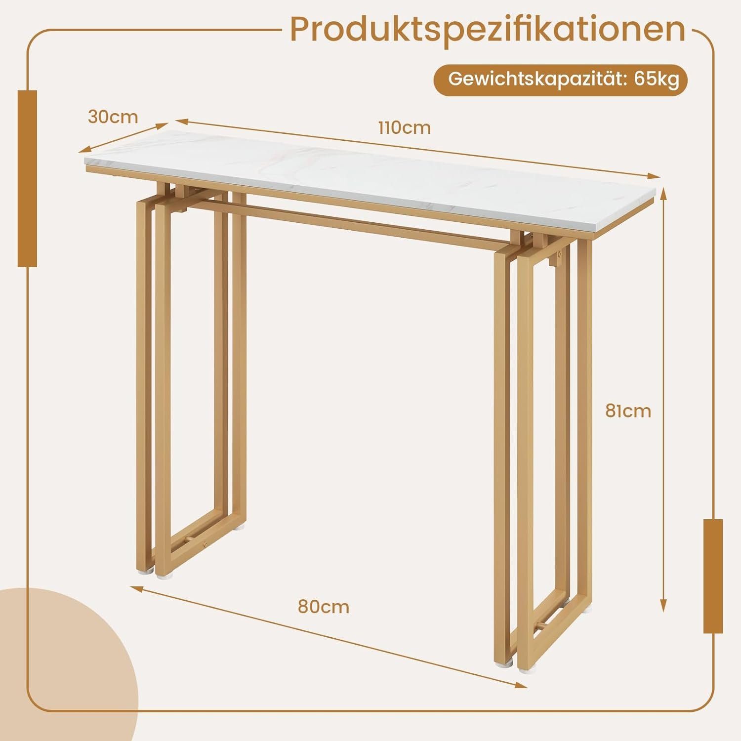 KOMFOTTEU Konsolentisch Flurtisch, Gold bis 30kg, 110 Weiß x 30cm + belastbar