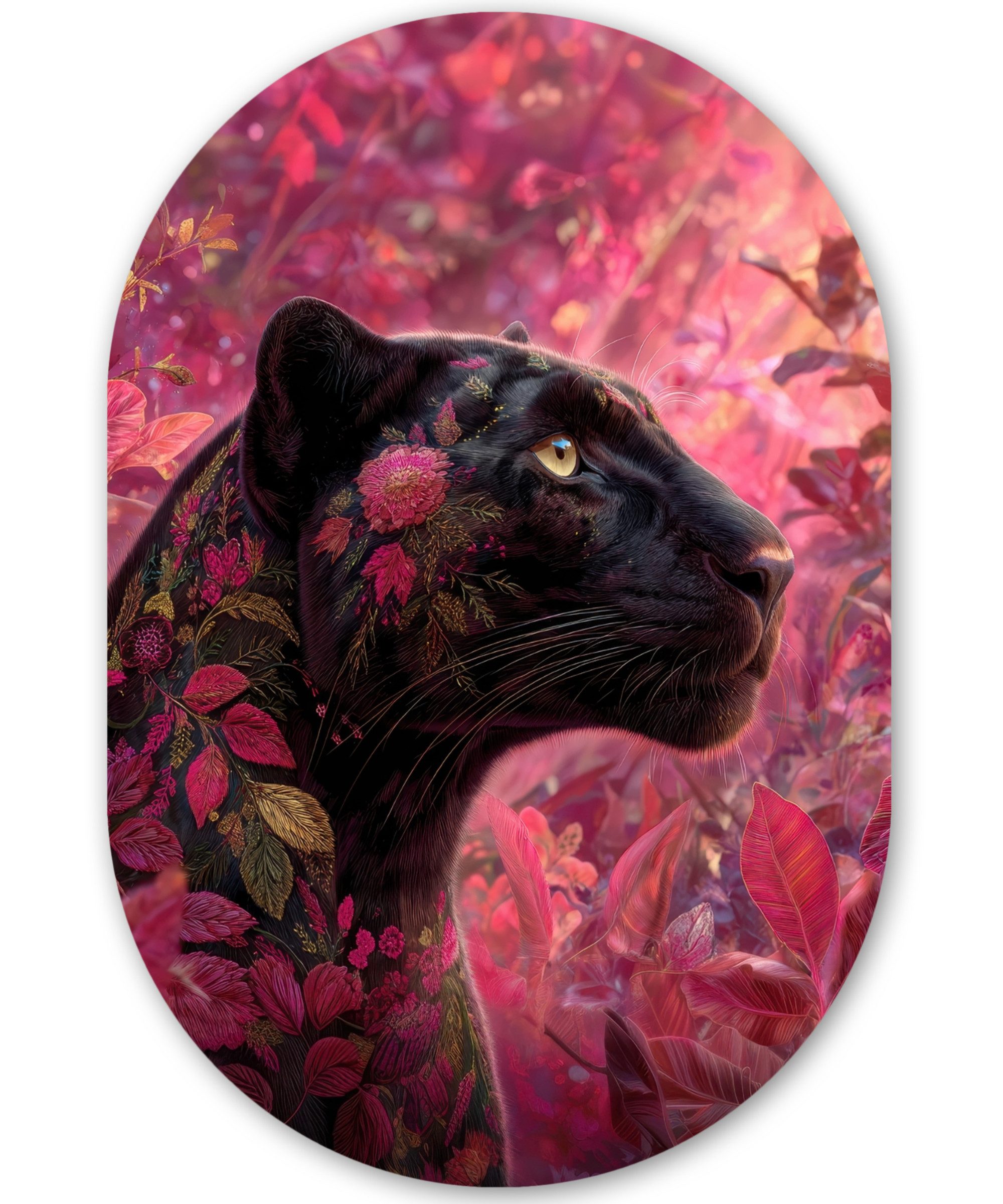 MuchoWow Gemälde Leopard - Blumen - Rosa, Fotodruck (1 St), Wandbild Oval, Wohnzimmer oder Schlafzimmer Wanddekoration, 40x60 cm