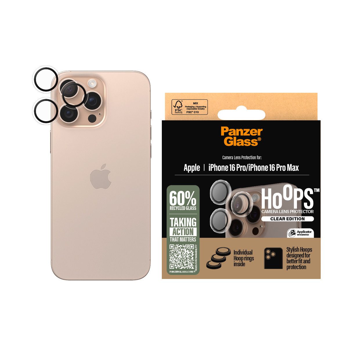 PanzerGlass Kameraschutzglas Hoops Camera Lens Protection für Apple iPhone 16 Pro, Apple iPhone 16 Pro Max, 3 Stück, Lens Cover, Schutzfolie, Schutzglas, kratz- & stoßfest