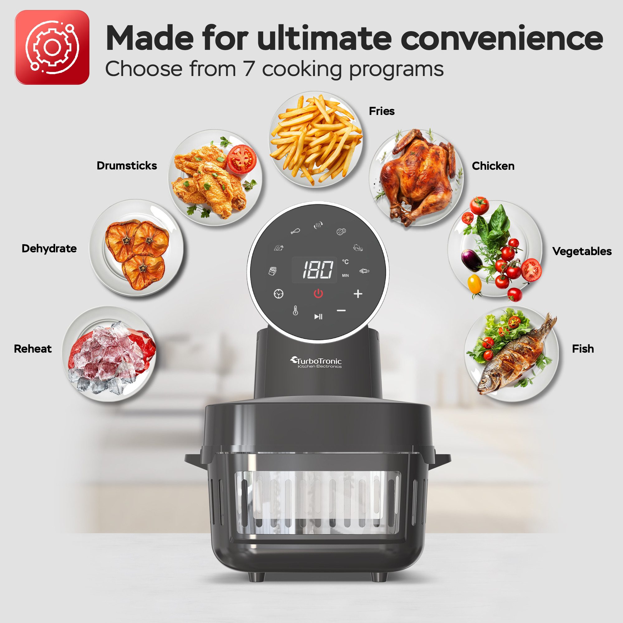 TurboTronic by Z-Line Heißluftfritteuse 1600 W Glas digitaler Airfryer Heißluftofen BPA-frei gesund kochen, 1600 W, 360 Grad Rapid Air, thermoschockfestes Glas und Timer bis 60 Min.
