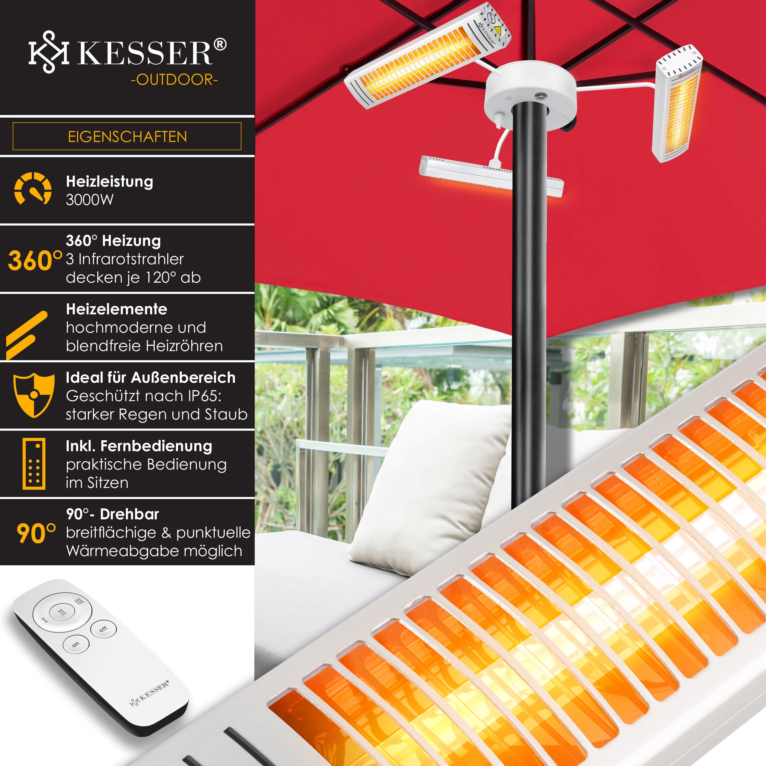 KESSER Heizstrahler, 3000 W, Heizstrahler Infrarot 3000W für Terrasse Gastro