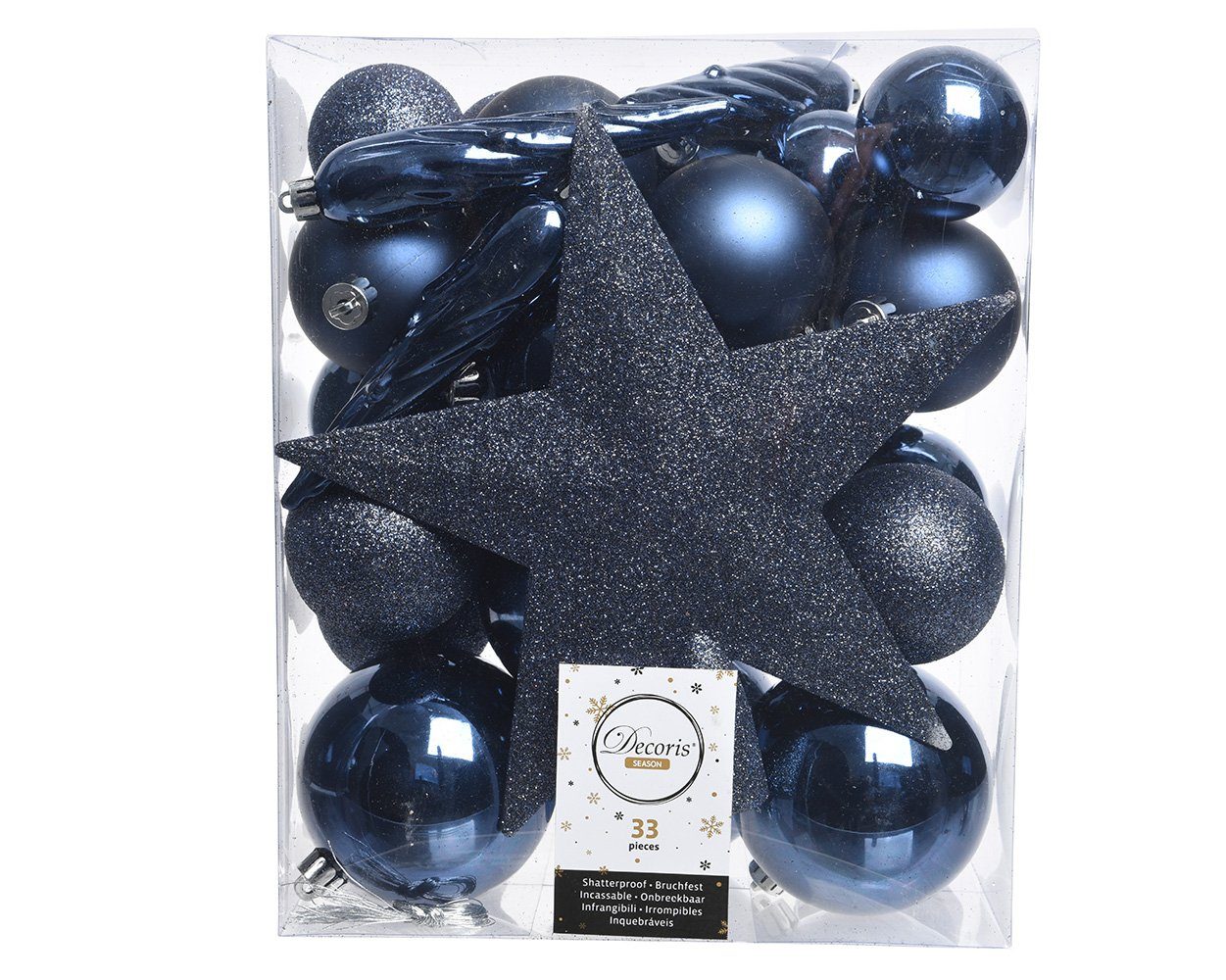 Decoris season decorations nachtblau, Weihnachtsbaumkugel, mit Set Kunststoff Christbaumstern 33er Weihnachtskugeln
