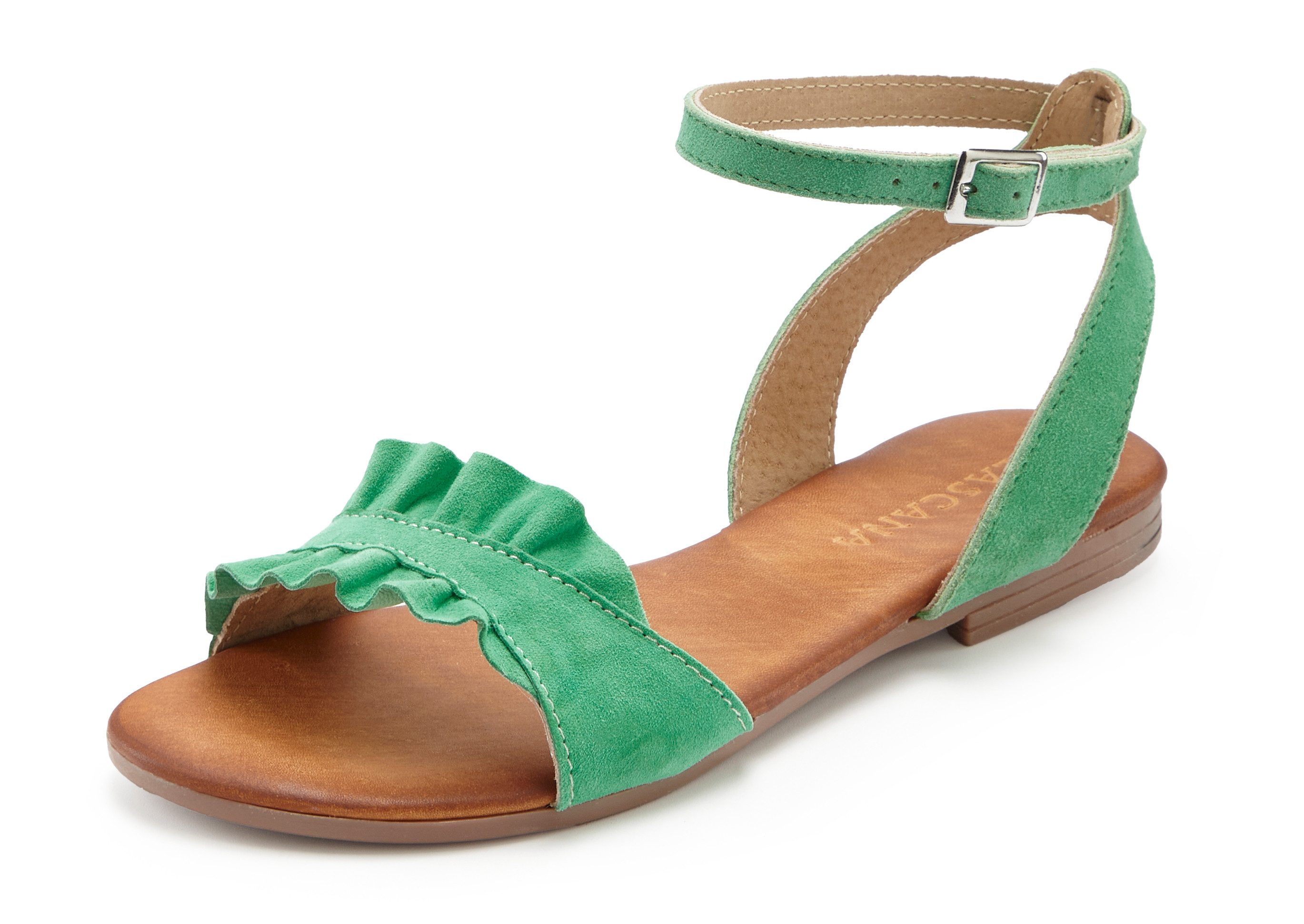 LASCANA offener Schuh, Sandale Sandalette, Sommerschuh aus hochwertigem Leder mit kleinen Rüschen