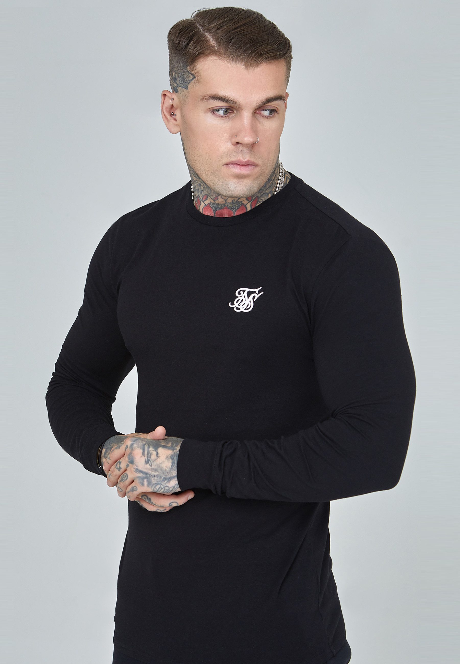 Siksilk Langarmshirt SikSilk Herren Schwarzes Essentials Langarm T-Shirt günstig online kaufen