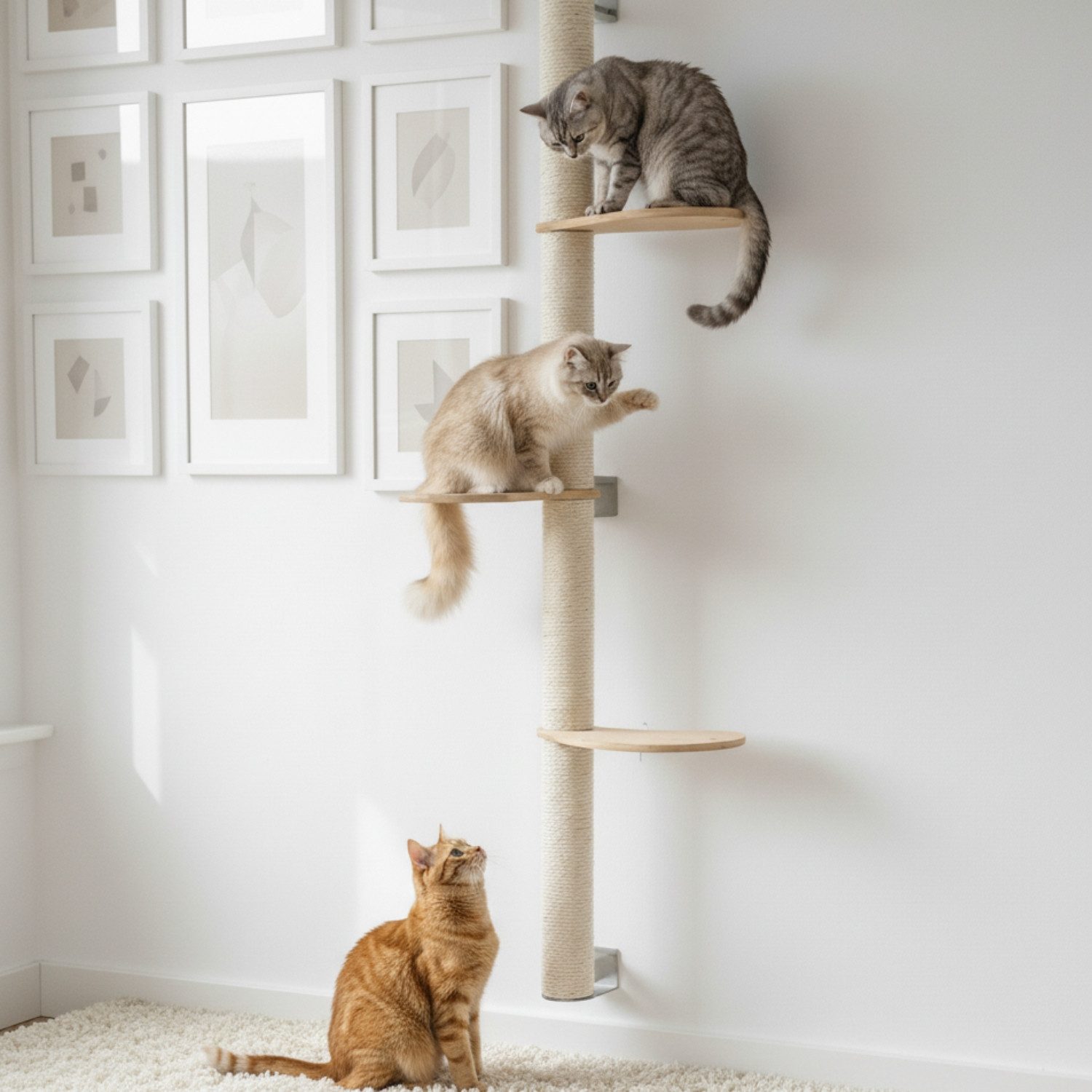 eyepower Kratzbaum zur Wandmontage-170 cm Wandkratzbaum für Katzen mit 3 Bambus Plateaus, Sistammstamm Wand - Katzenkratzbaum platzsparend - Kletterwand Katze