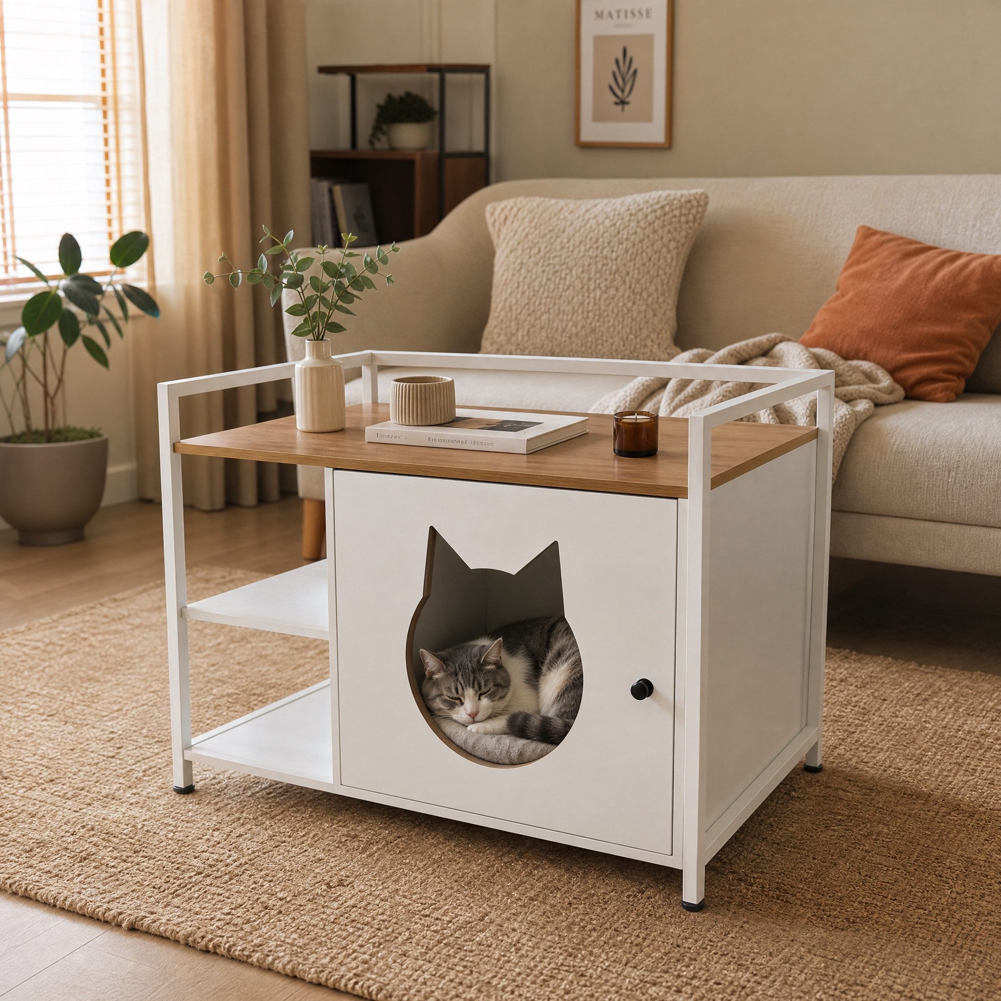BlingBin Tierhaus Katzentoilettenschrank mit Katzenkopf-Loch und 2 Ablageregalen, moderner multifunktionaler Katzen-Beistelltisch mit Stauraum