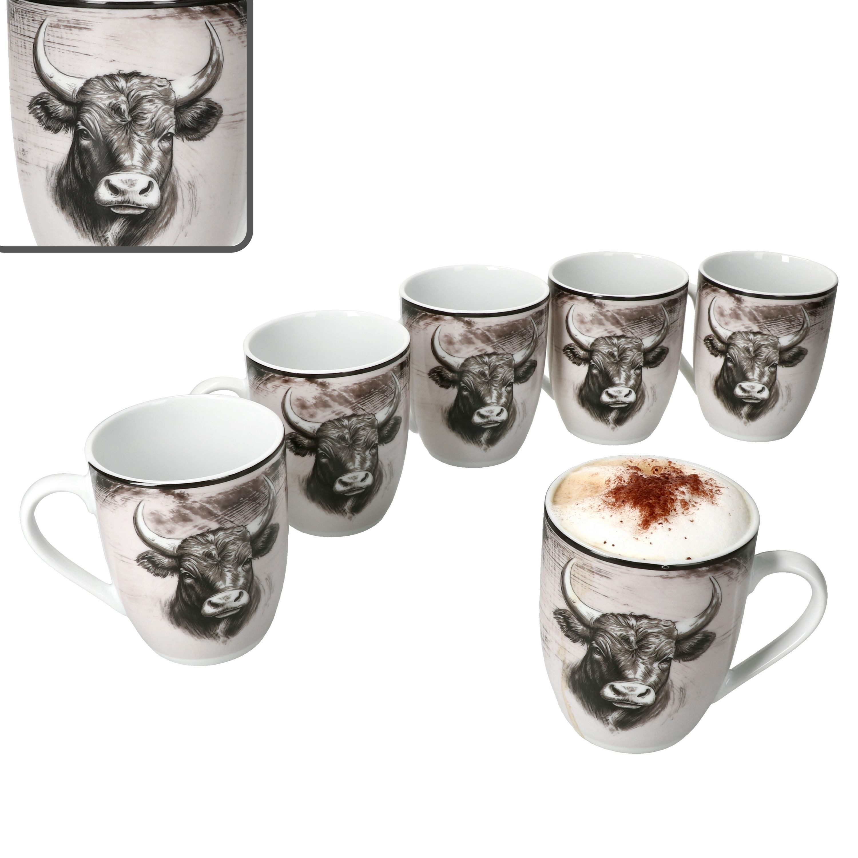 MamboCat Becher Toro 6x Kaffeebecher 280ml Porzellan-Tassen 6 Pers Alm Kuh Landhaus, Porzellan