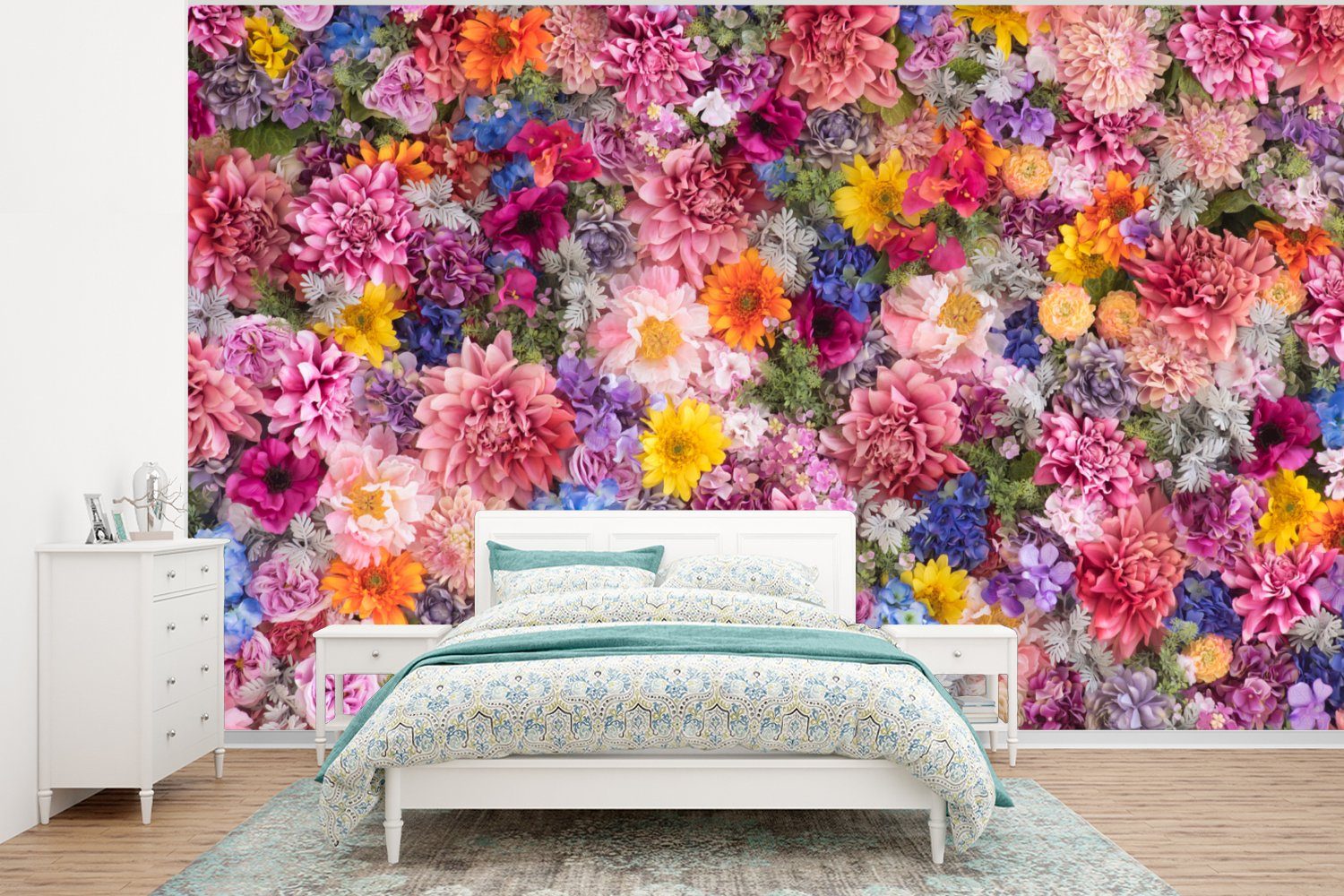MuchoWow Fototapete Blumen - Farben - Collage, Matt, bedruckt, (6 St), Wallpaper für Wohnzimmer, Schlafzimmer, Kinderzimmer, Vinyl Tapete