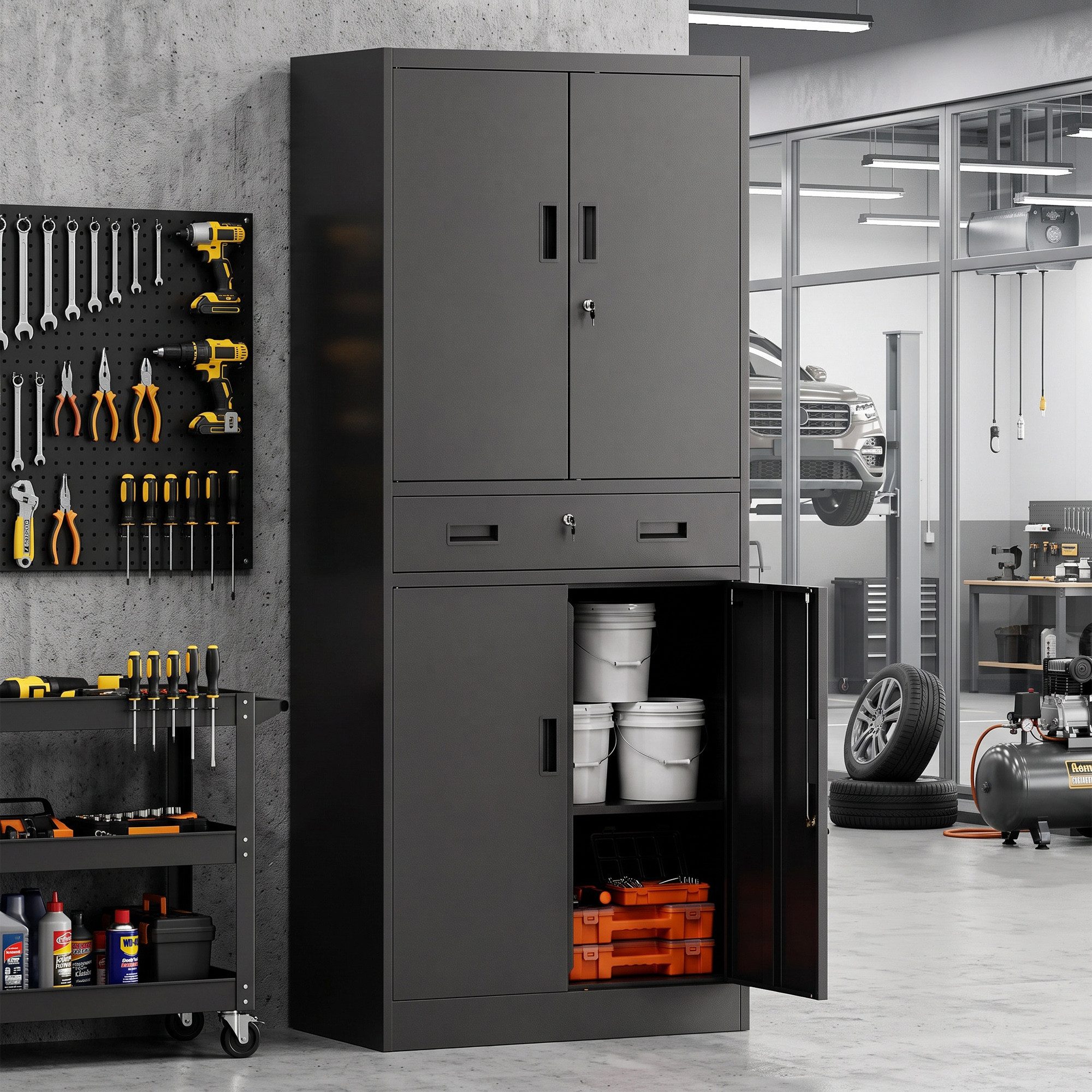 HOMCOM Mehrzweckschrank Abschließbarer Werkzeugschrank mit Schublade (Set, 1-St., Werkzeugschrank) 3-Zonen, 3 Schlösser, verstellbare Böden