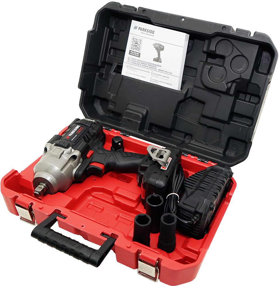 PARKSIDE PERFORMANCE® Akku-Drehschlagschrauber 20V Akku Schlagschrauber PASSP 20-Li C4 inkl. 4Ah Smart Akku, 1550 U/min, 1356 Nm, Integrierte LED-Arbeitsleuchte