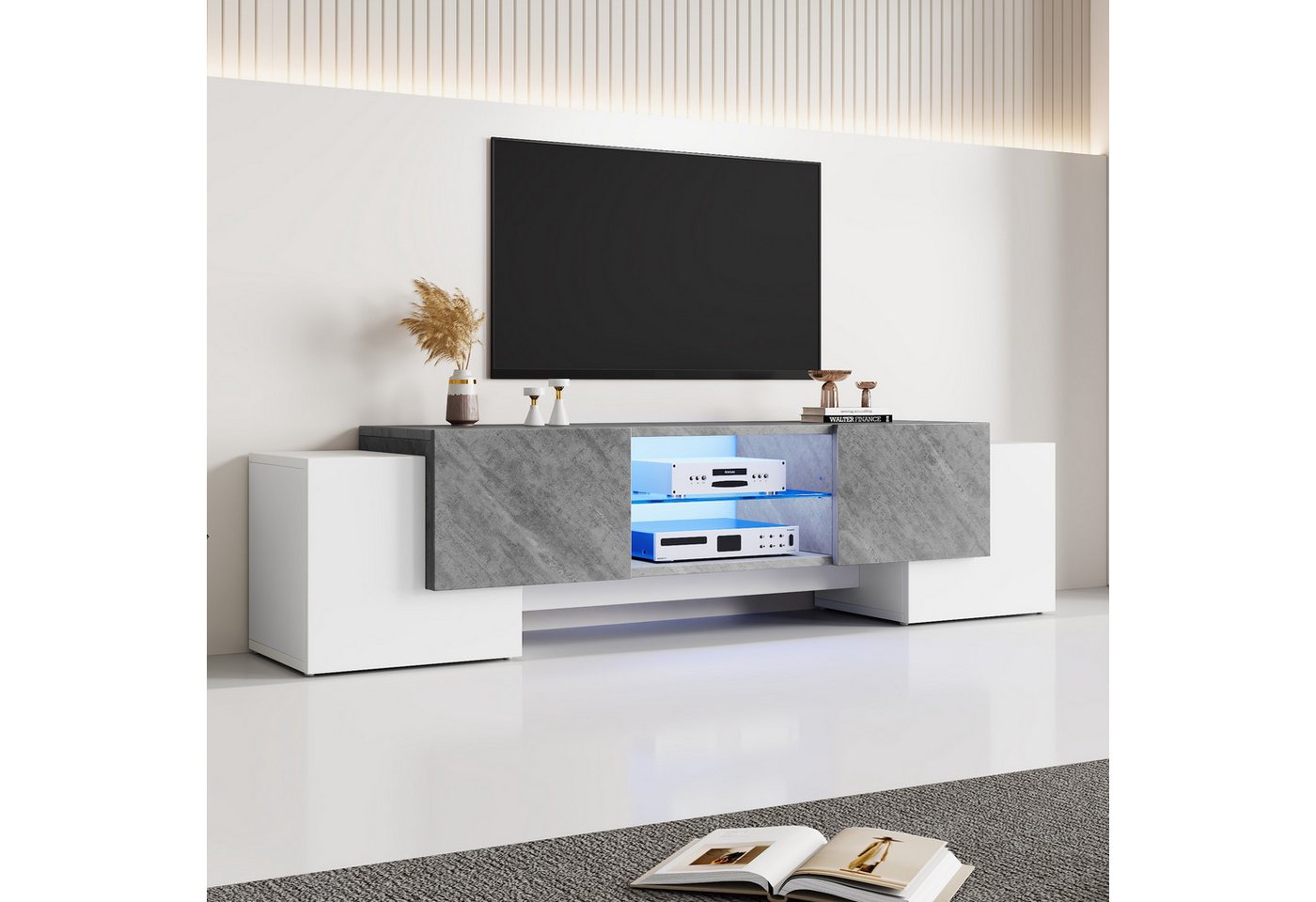 KLAM HOME Lowboard Weißer und grauer Hochglanz-TV-Schrank mit LED-Aufbewahrungsfunktion (180x40x46.5cm TV-Möbel, Fernsehtisch,TV Board), Geeignet für Fernseher 60/65/70 Zoll, für Wohnzimmer