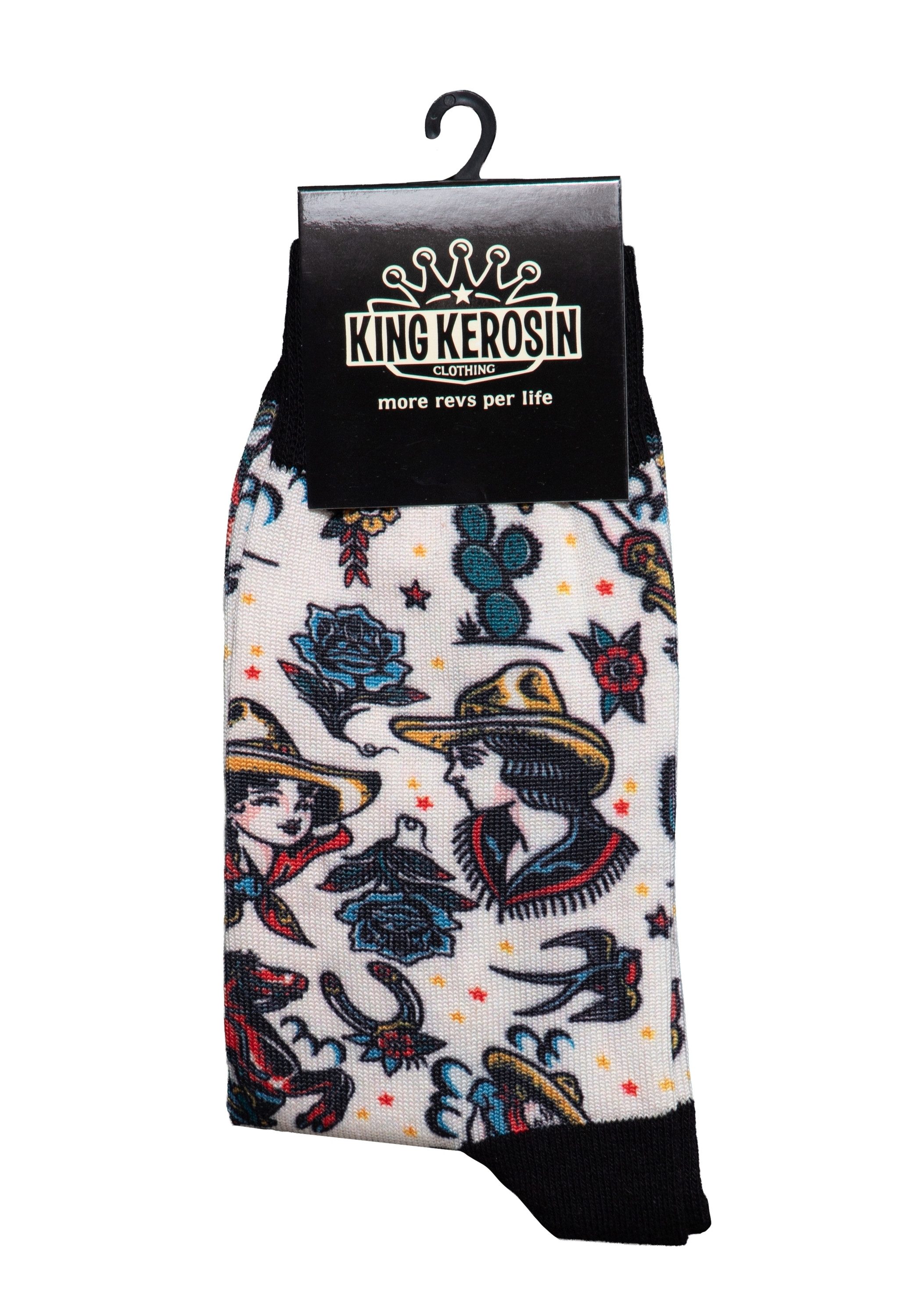 KingKerosin Socken Cowgirl mit Western Tattoo-Motiven