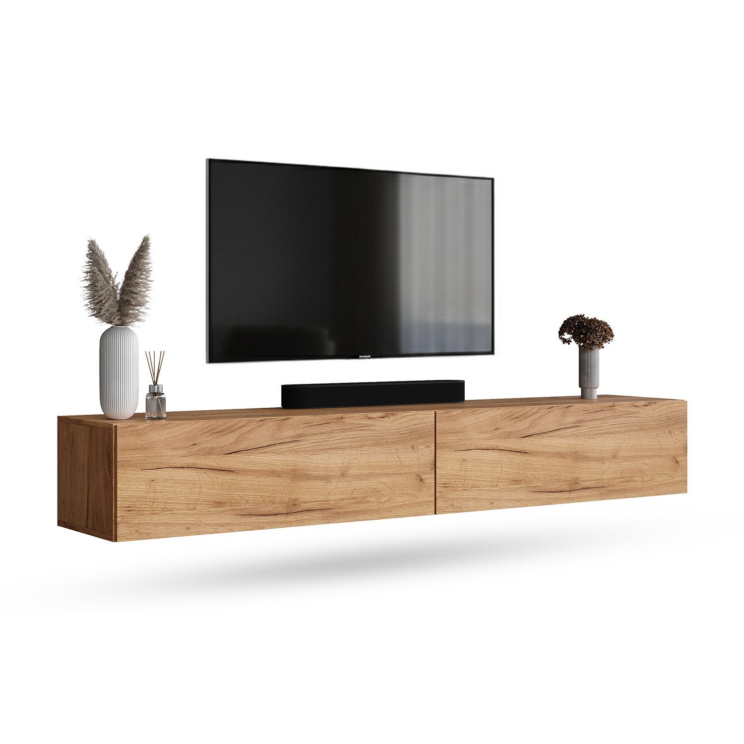 Planetmöbel TV-Schrank West TV-Board, Fernsehtisch 200 cm lang, TV-Lowboard (für Fernseher bis 55 Zoll, TV Schrank viel Stauraum, 2-St., sideboard hängend, Fernsehschrank 2x 100 x 30 x 37,5 cm) gold eiche