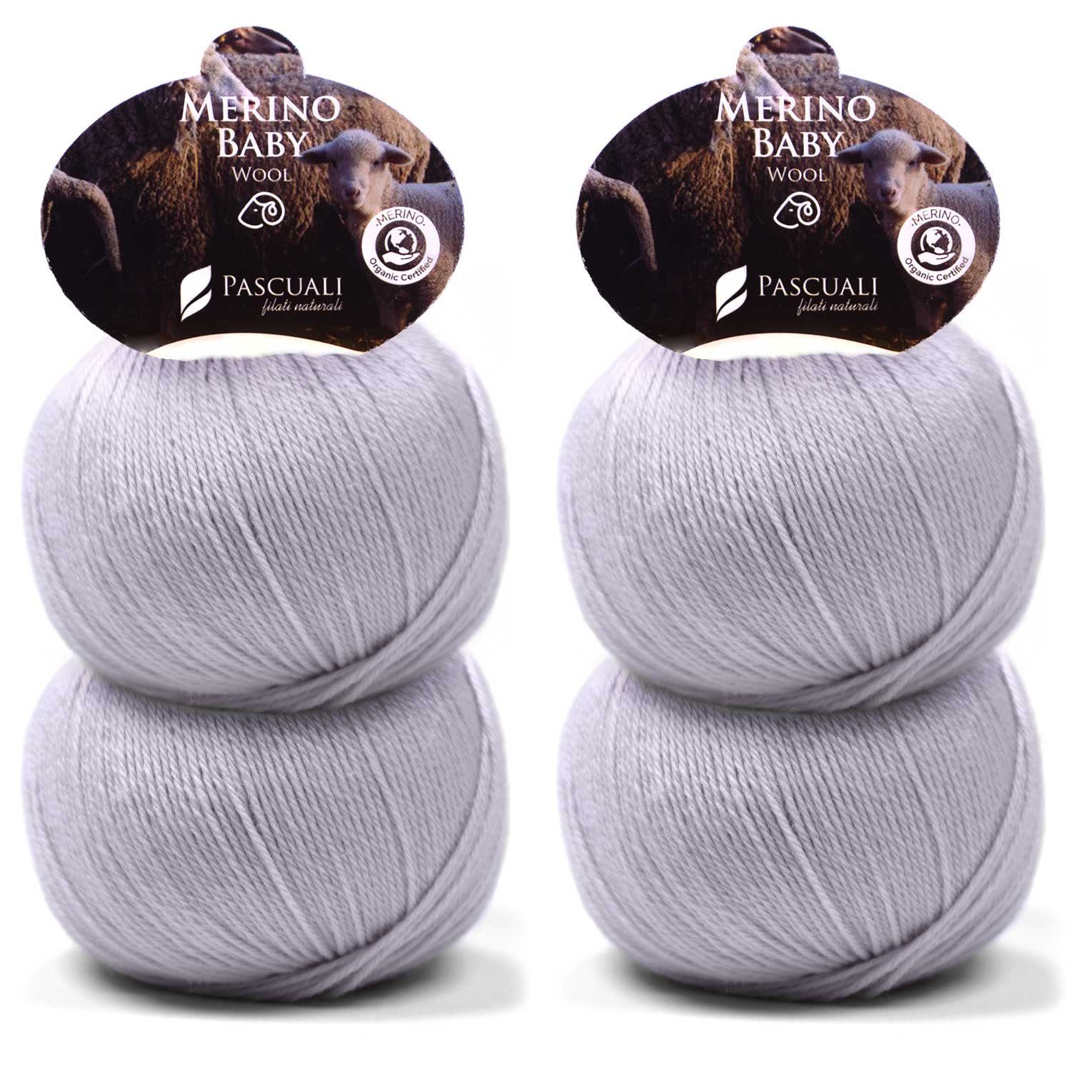 Pascuali 4 x 50g Pascuali Merino Baby. 100% Schurwolle (Bio Merinowolle Superfine) Wolle zum Stricken und Häkeln Häkelwolle