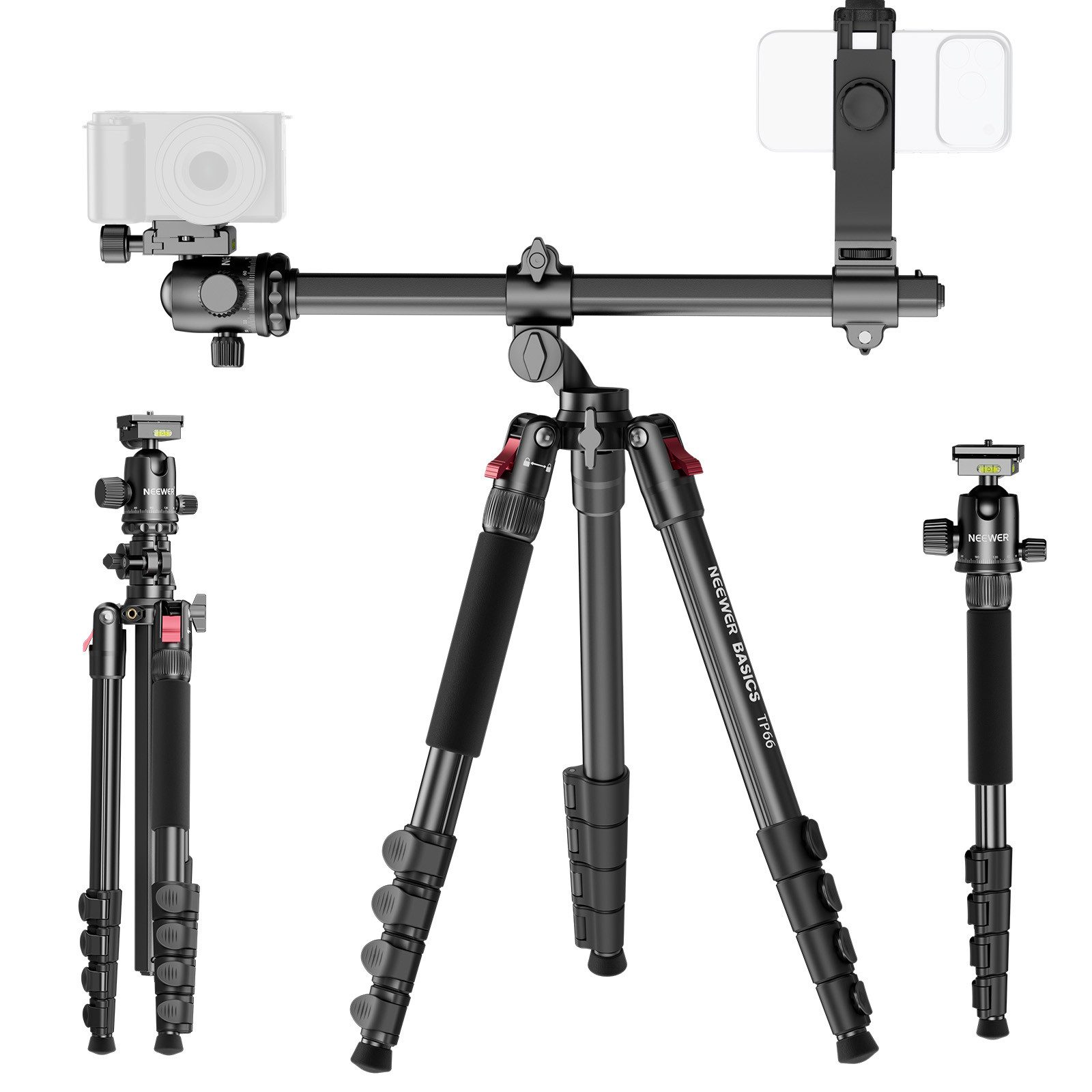 Neewer TP66 Horizontal Overhead Tripod Kamerastativ Einbeinstativ für Kameras Dreibeinstativ (164cm Aluminium Reisestativ für DSLR Camcorder mit Handyhalterung)