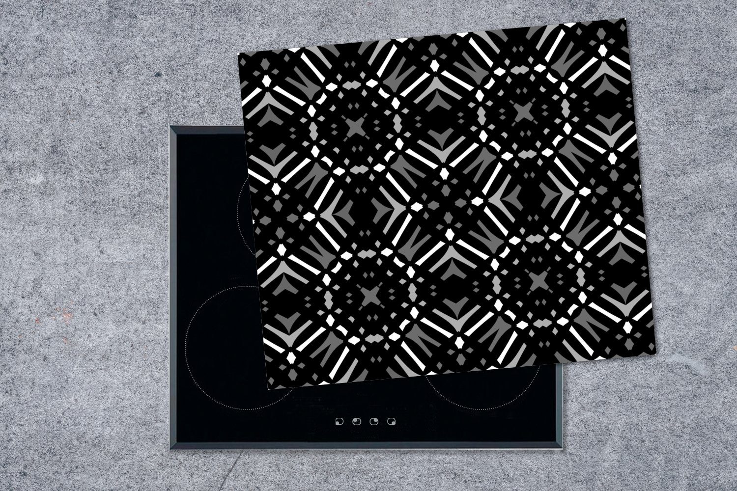 MuchoWow Herdblende-/Abdeckplatte Muster - Vinyl, (1 60x52 tlg), Geometrie, Arbeitsfläche cm, Ceranfeldabdeckung nutzbar, Mobile Schwarz Weiß und 