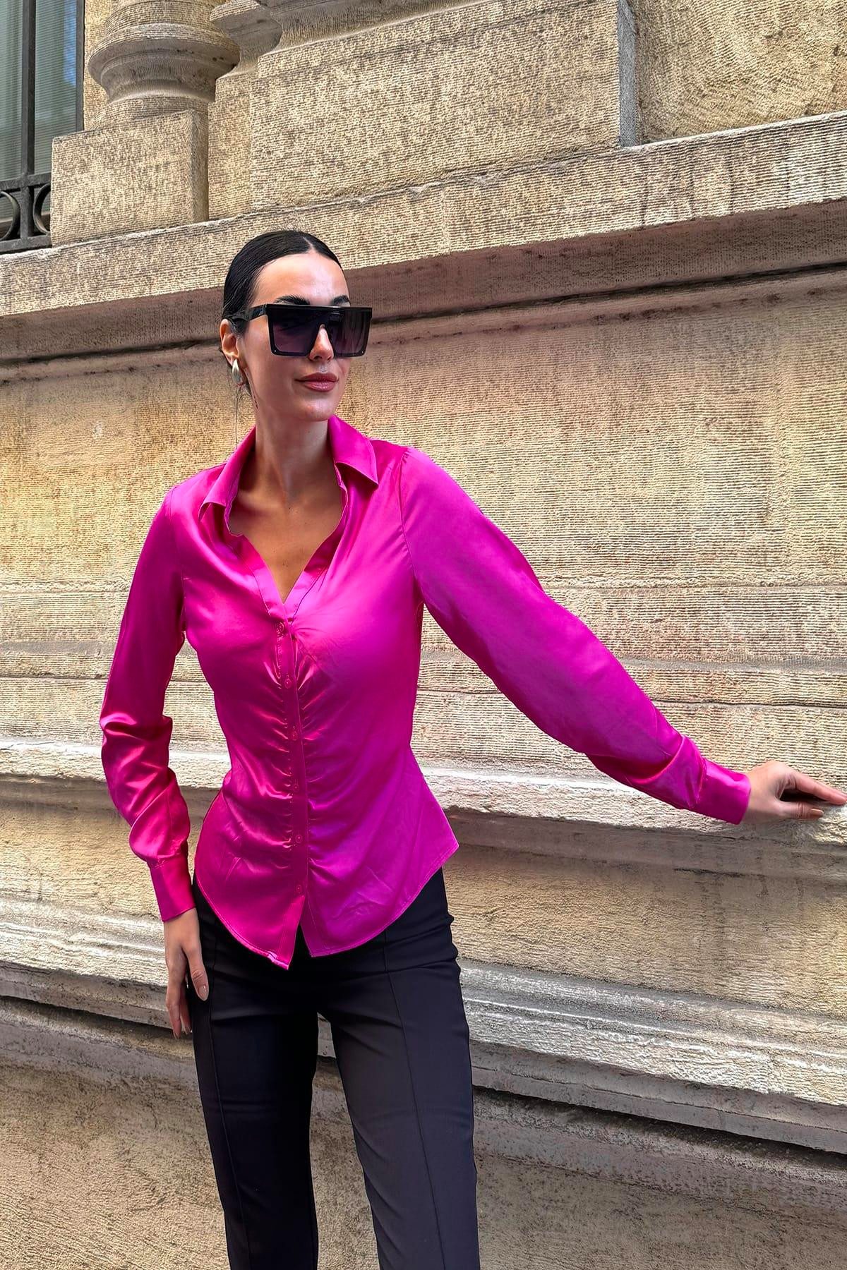 For You Moda Businesshemd Gerüschte Satin Fuchsia Bluse