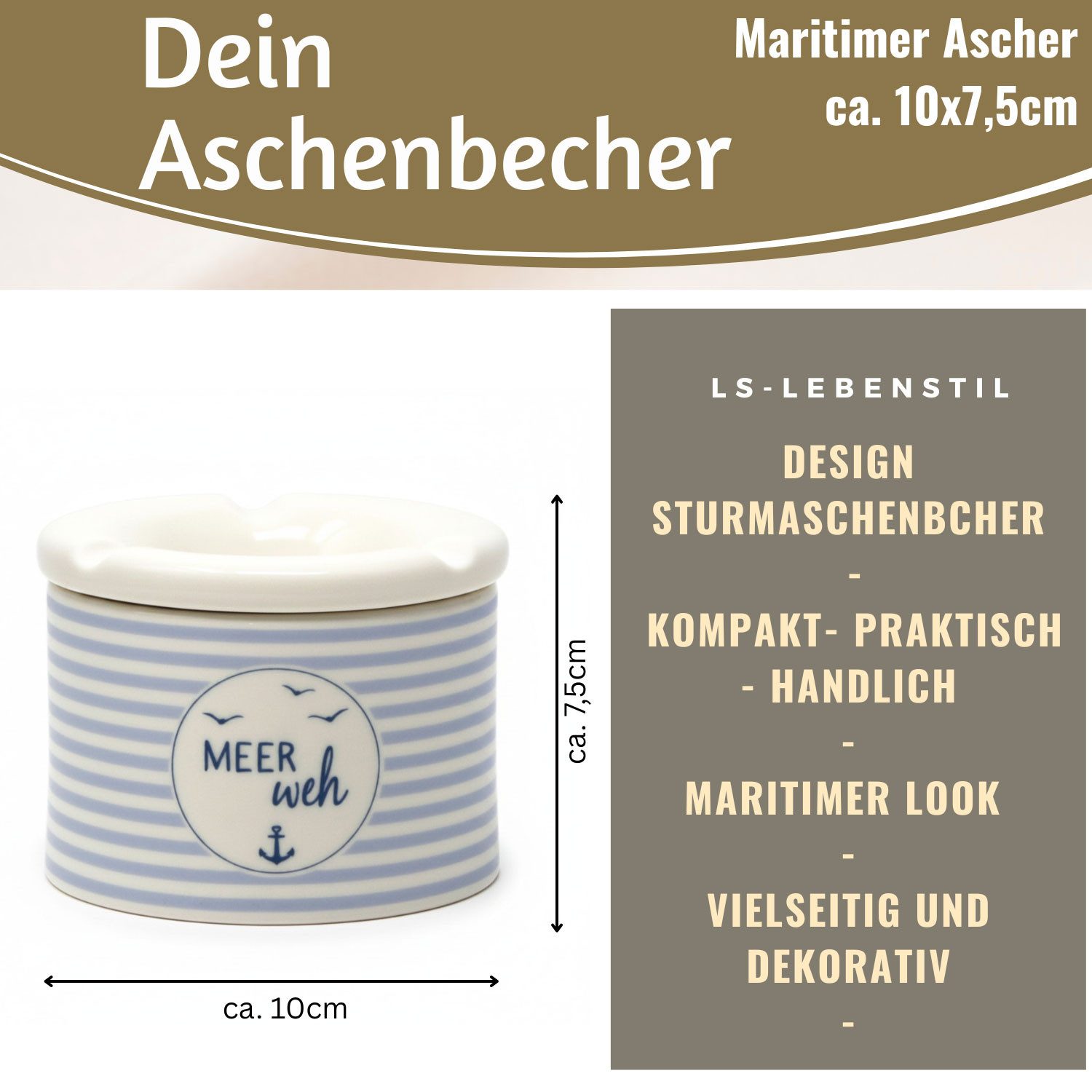 LS-LebenStil Aschenbecher Sturmaschenbecher Meer-Weh 10x7,5cm Maritim Weiß Blau mit Deckel, Windaschenbecher Ashtray Tischaschenbecher Garten Balkon Deko