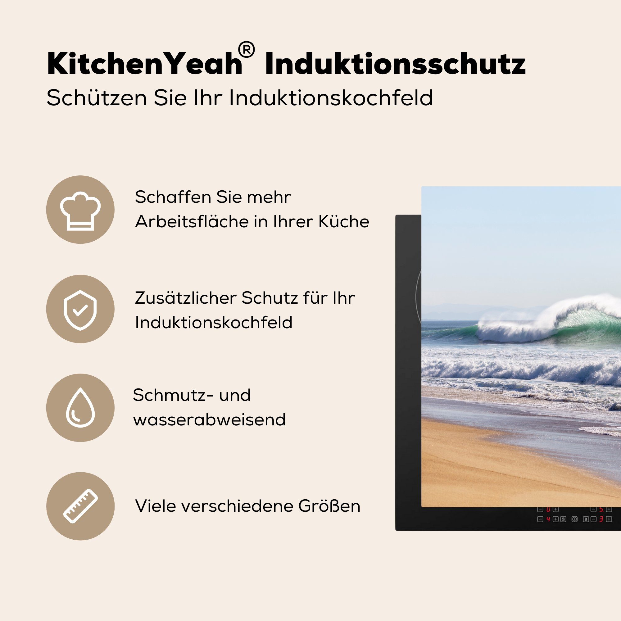 MuchoWow für (1 - tlg), cm, Herdblende-/Abdeckplatte Ceranfeldabdeckung Strand Vinyl, 59x52 - Induktionsmatte die Meer, küche, Wellen