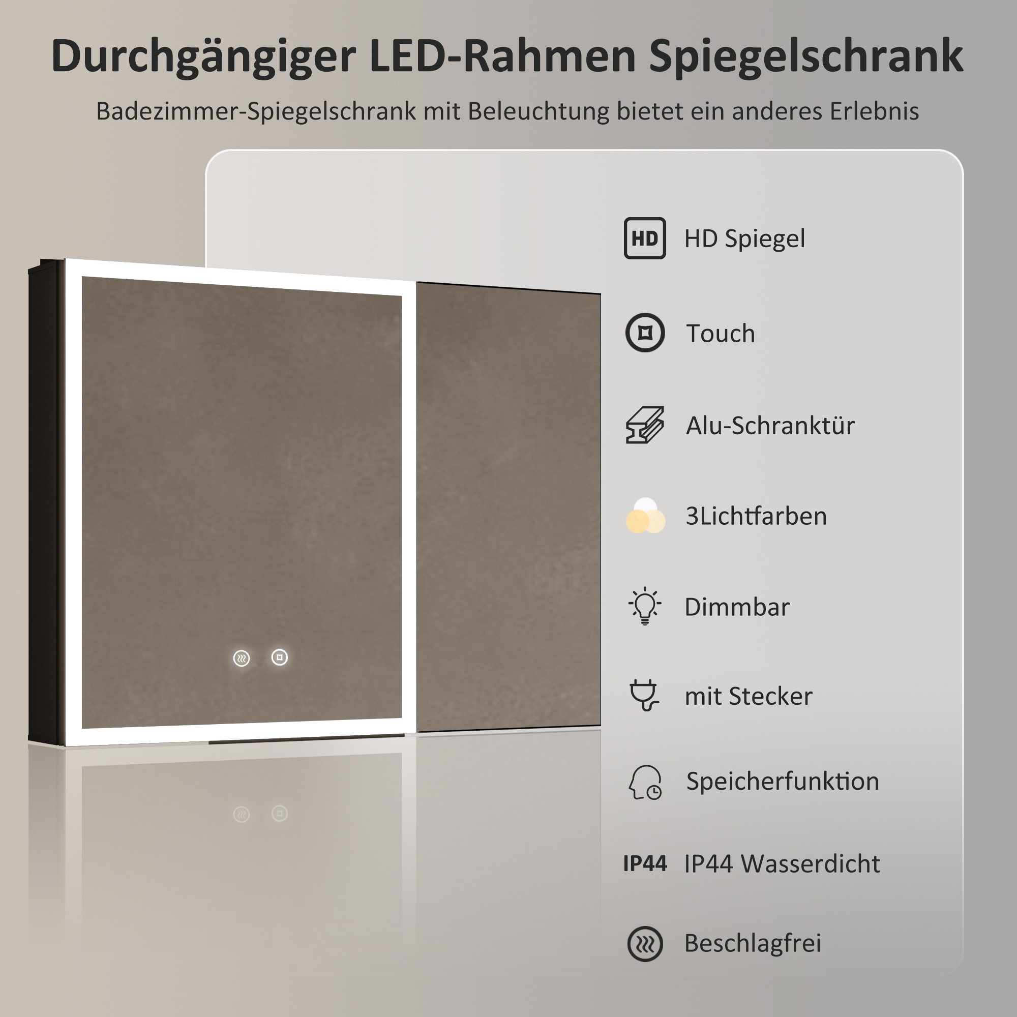 WDWRITTI Spiegelschrank Bad 80x60cm Badezimmerspiegelschrank LED Aluminium 2-türig (Badschrank Schwarz, 3Lichtfarben mit Dimmbarer Helligkeit, Speicherfunktion) Doppelspiegel, vormontiert geliefert