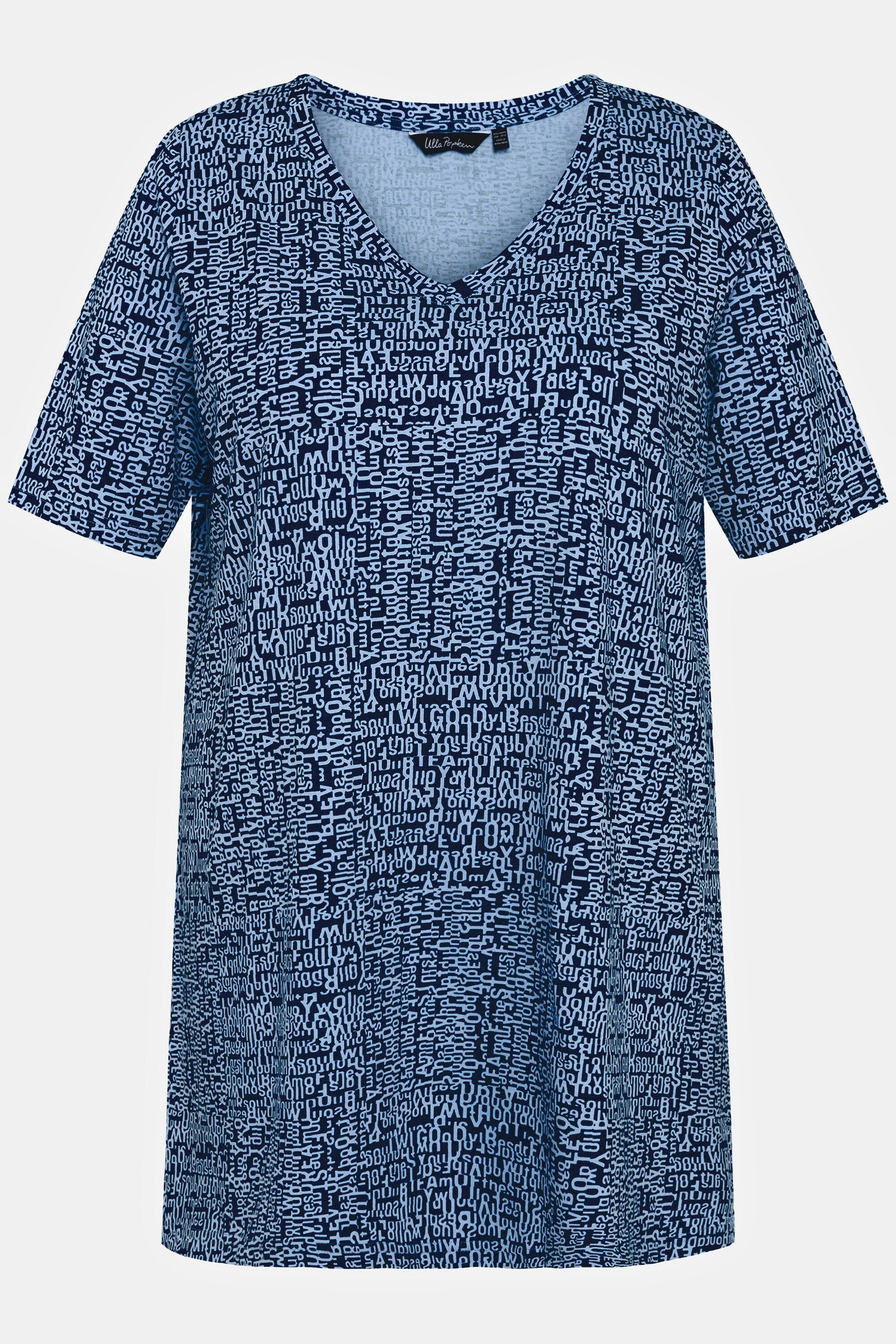 hellblau Ulla Rundhalsshirt V-Ausschnitt A-Linie gemustert T-Shirt Popken Halbarm
