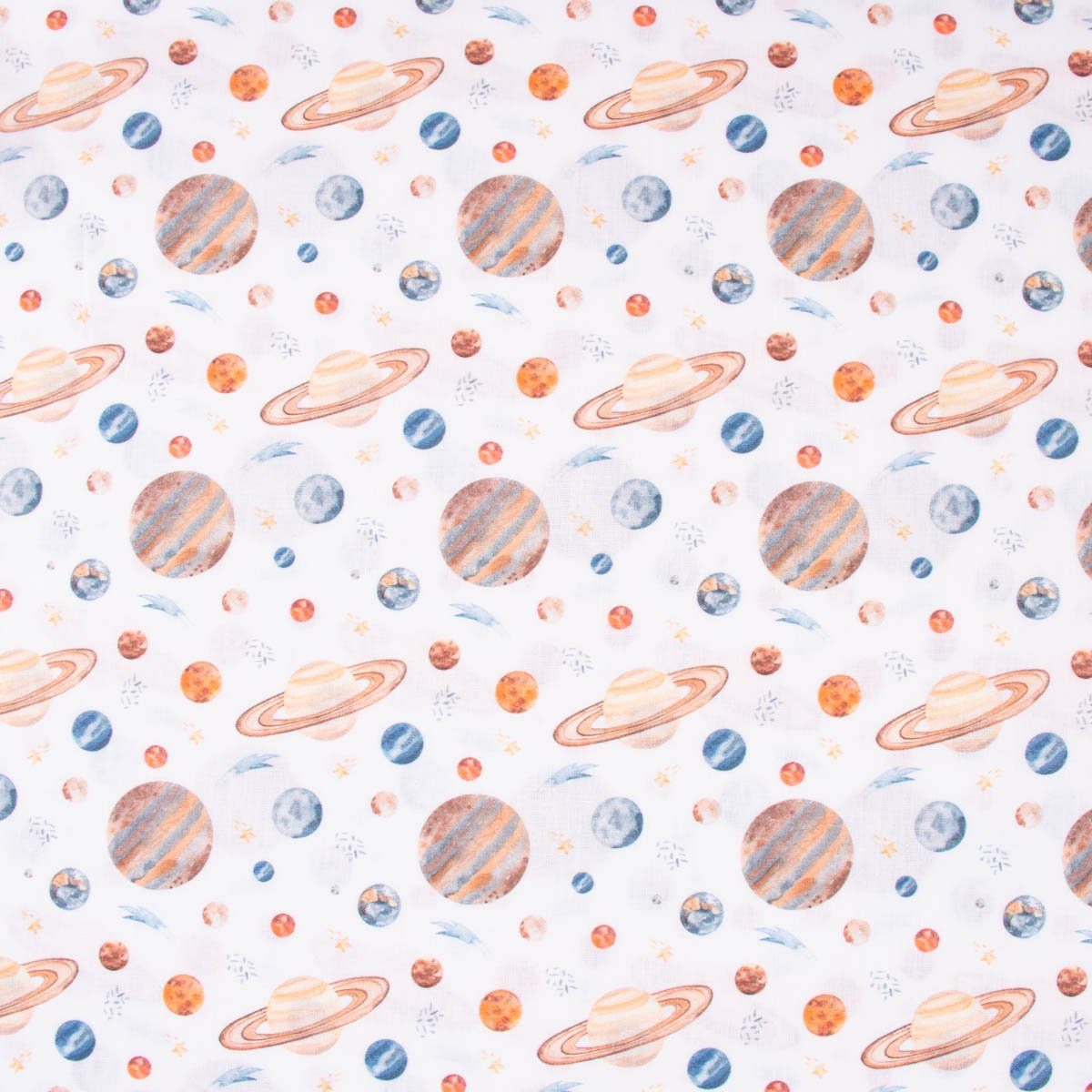 Thumbnail - SCHÖNER LEBEN. Stoff Baumwollstoff Popeline Digitaldr. Aquarell Planeten Weltall weiß bunt, allergikergeeignet