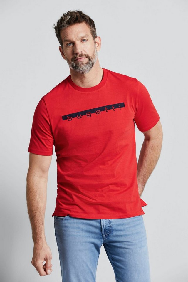 bugatti T-Shirt mit großem Logo-Print, Gerader Abschluss, Normaler Saum