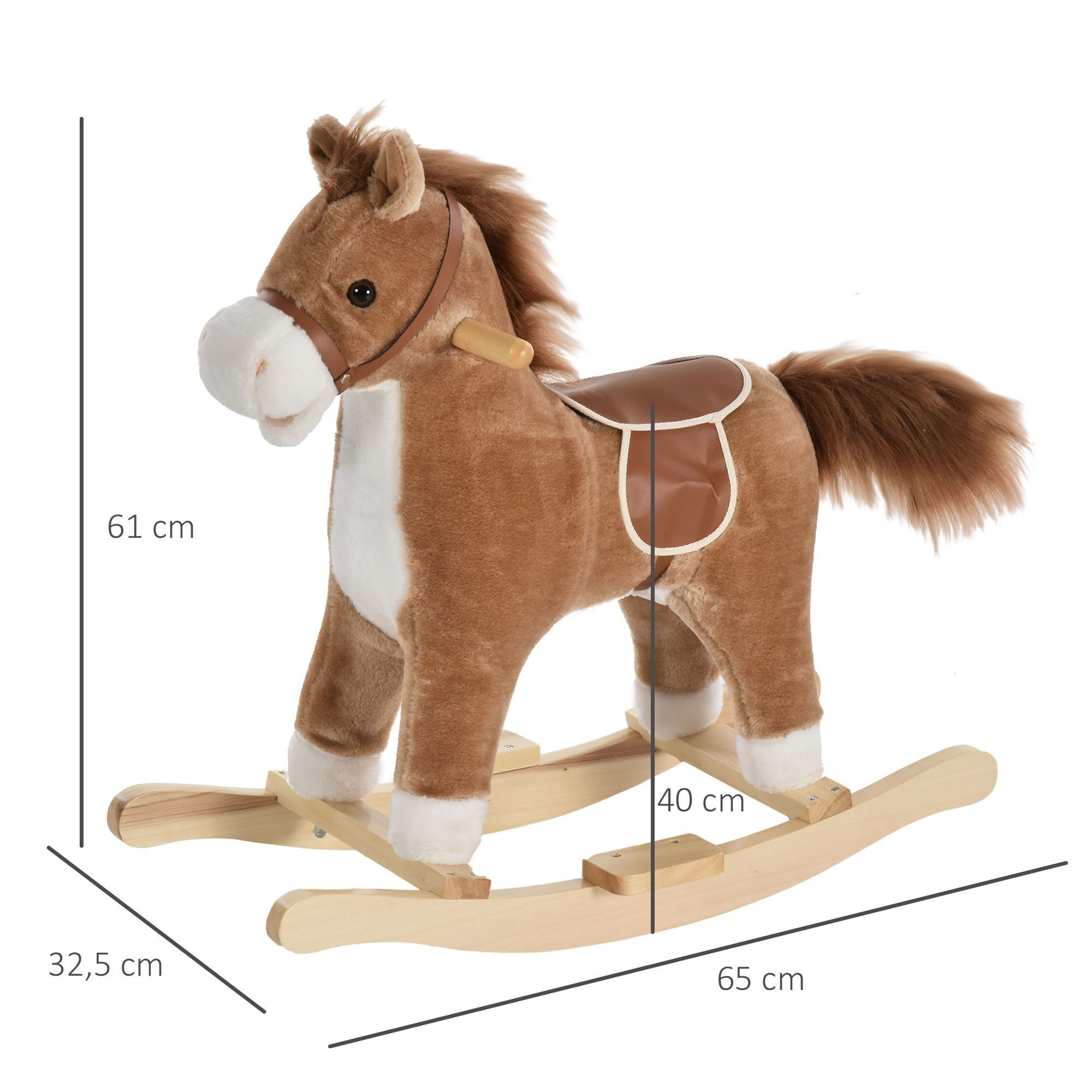 HOMCOM Schaukeltier Baby Pferd mit Tiergeräusche Spielzeug Haltegriffe, (1 tlg), Braun 65 x 32.5 x 61 cm – Bild 3 von 5