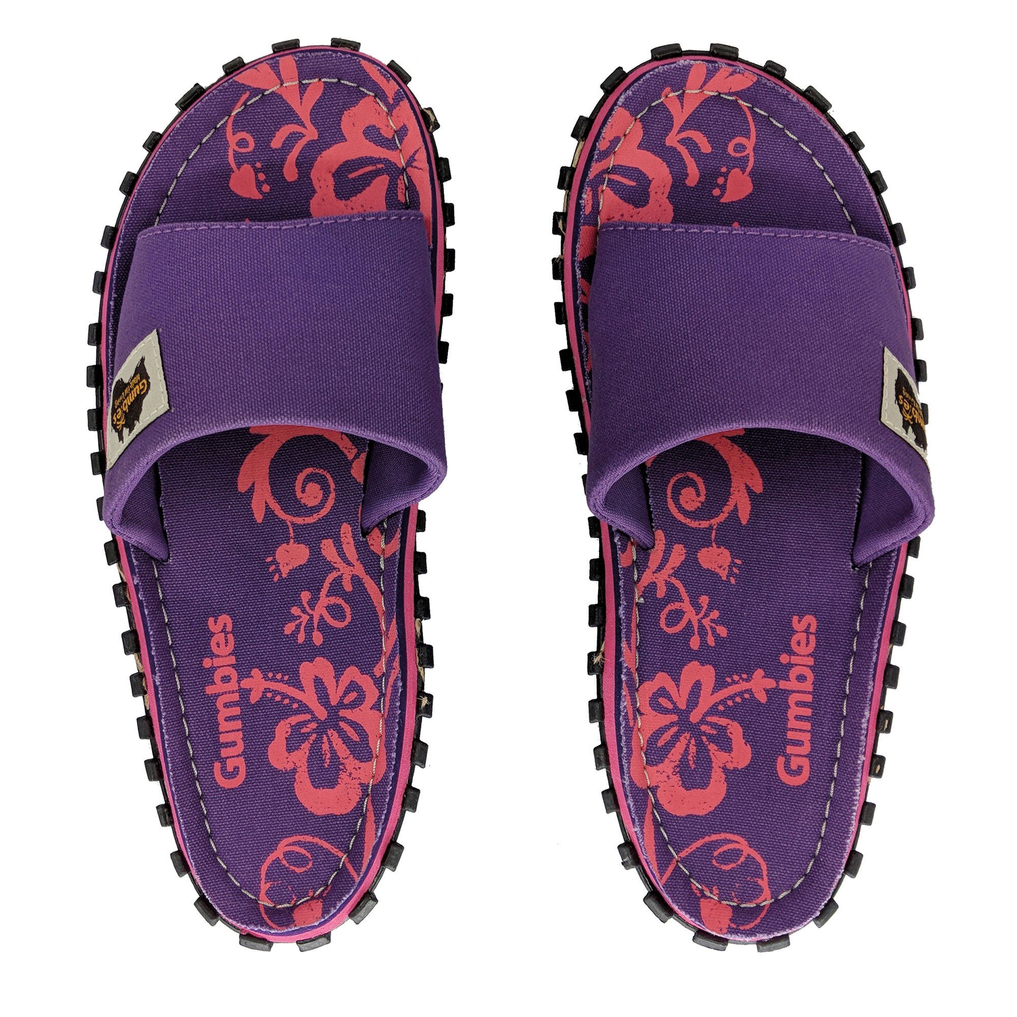 Gumbies Slides in recycelten »in Pantolette aus farbenfrohen Hibiscus Designs« Purple Materialien