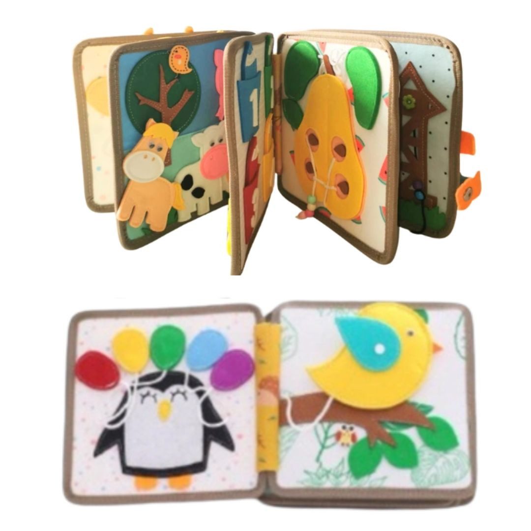 suebidou Stoffbuch Montessori Aktivitätenbuch aus Filz - Busy Board Buch Giraffe / Löwe, nachhaltig, kreativ