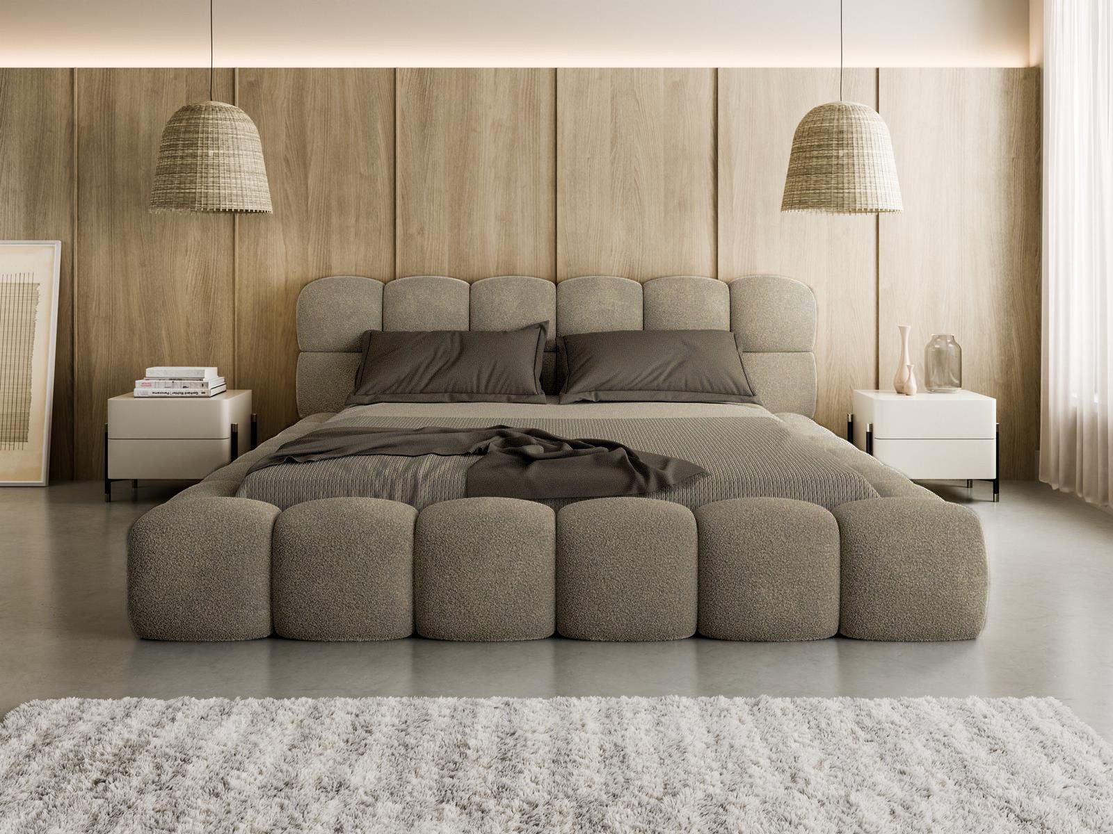 Compleo Polsterbett BIZU BUBBLE bouclé, Designerbett 140/160/180x200, MADE IN EU, Weiche Formen, hochwertige Materialien für Komfort wie auf Wolke