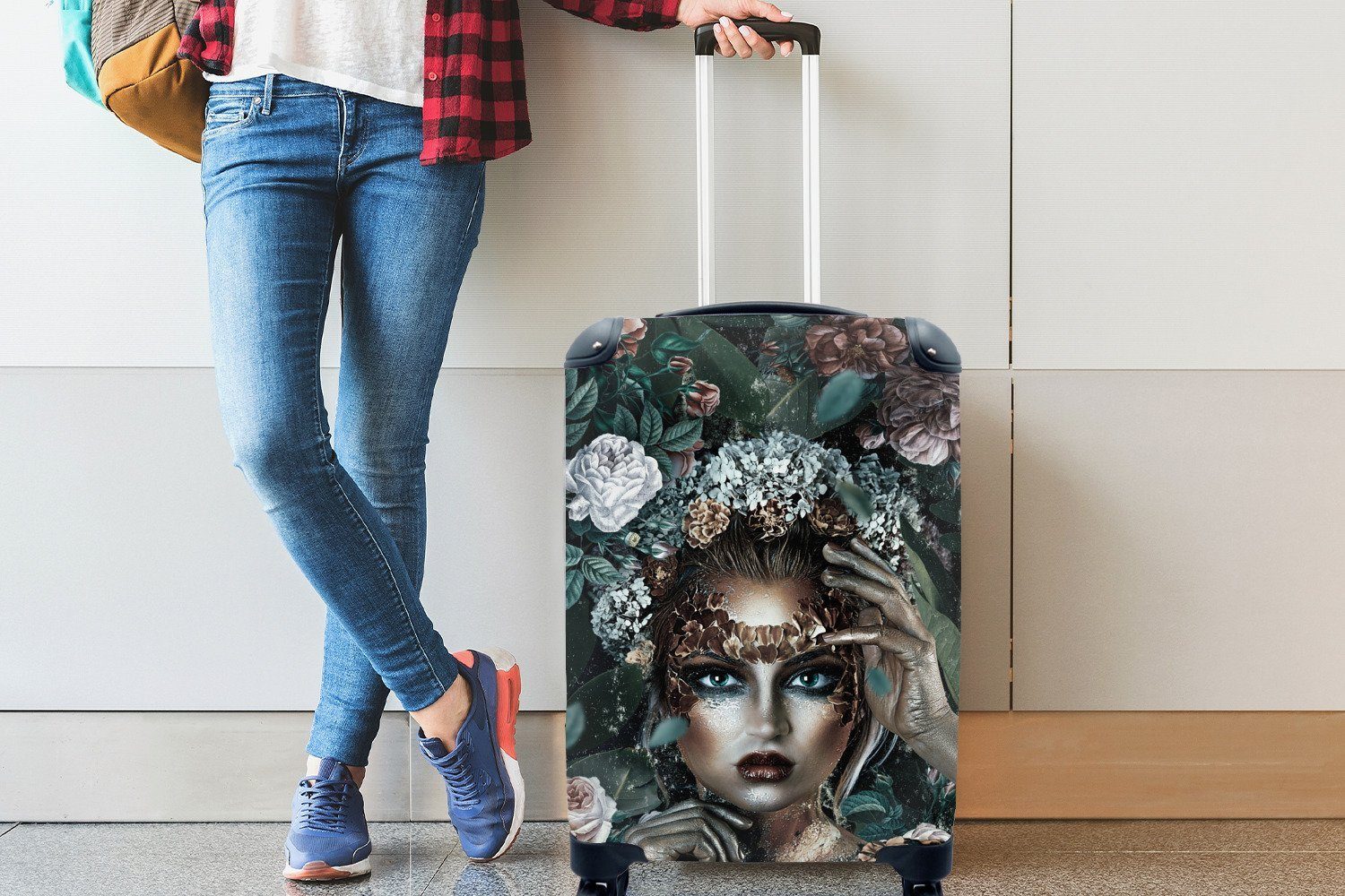 - Reisetasche Frau Silber mit - 4 MuchoWow Blumen, Rollen, Handgepäck Handgepäckkoffer rollen, Reisekoffer für Ferien, Trolley,