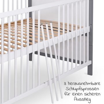 jonka Babybett Moritz - Weiß Grau, Kinderbett 70 x 140 cm - umbaubar zu Juniorbett mit Schlupfsprossen