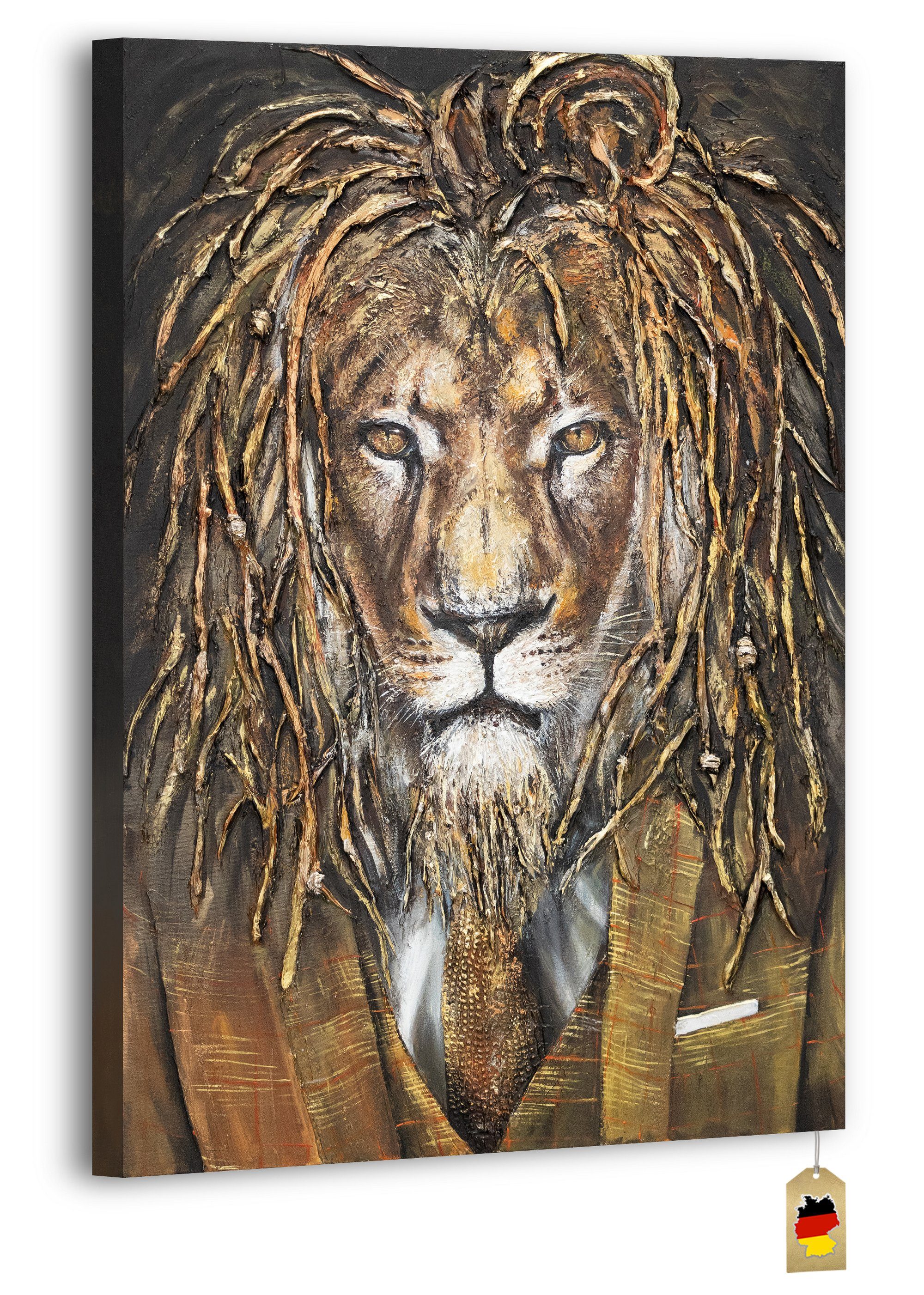 YS-Art Gemälde Macht, Tiere, Leinwand Löwe Gold Bild Handgemalt Schwarz in Tier