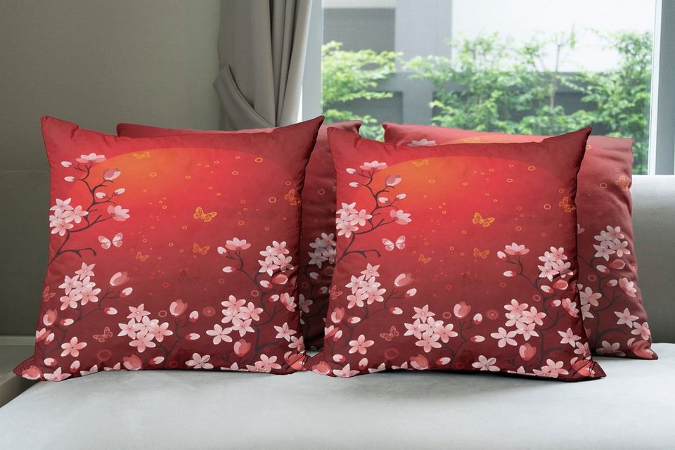 Kissenbezüge Modern Accent Doppelseitiger Digitaldruck, Abakuhaus (4 Stück),  rot Abstrakter Sonnenuntergang und Sakura