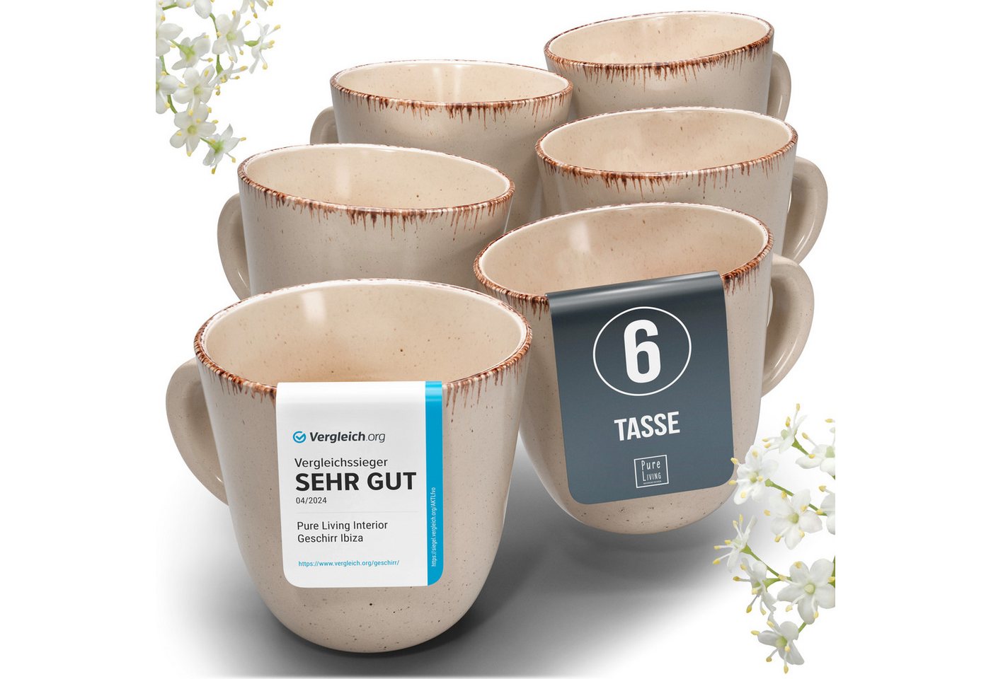 PURE LIVING INTERIOR DESIGN Geschirr-Set Rustic Becher, 6er-Set, 435 ml, Beige Steingut (6-tlg), 6 Personen, Steingut