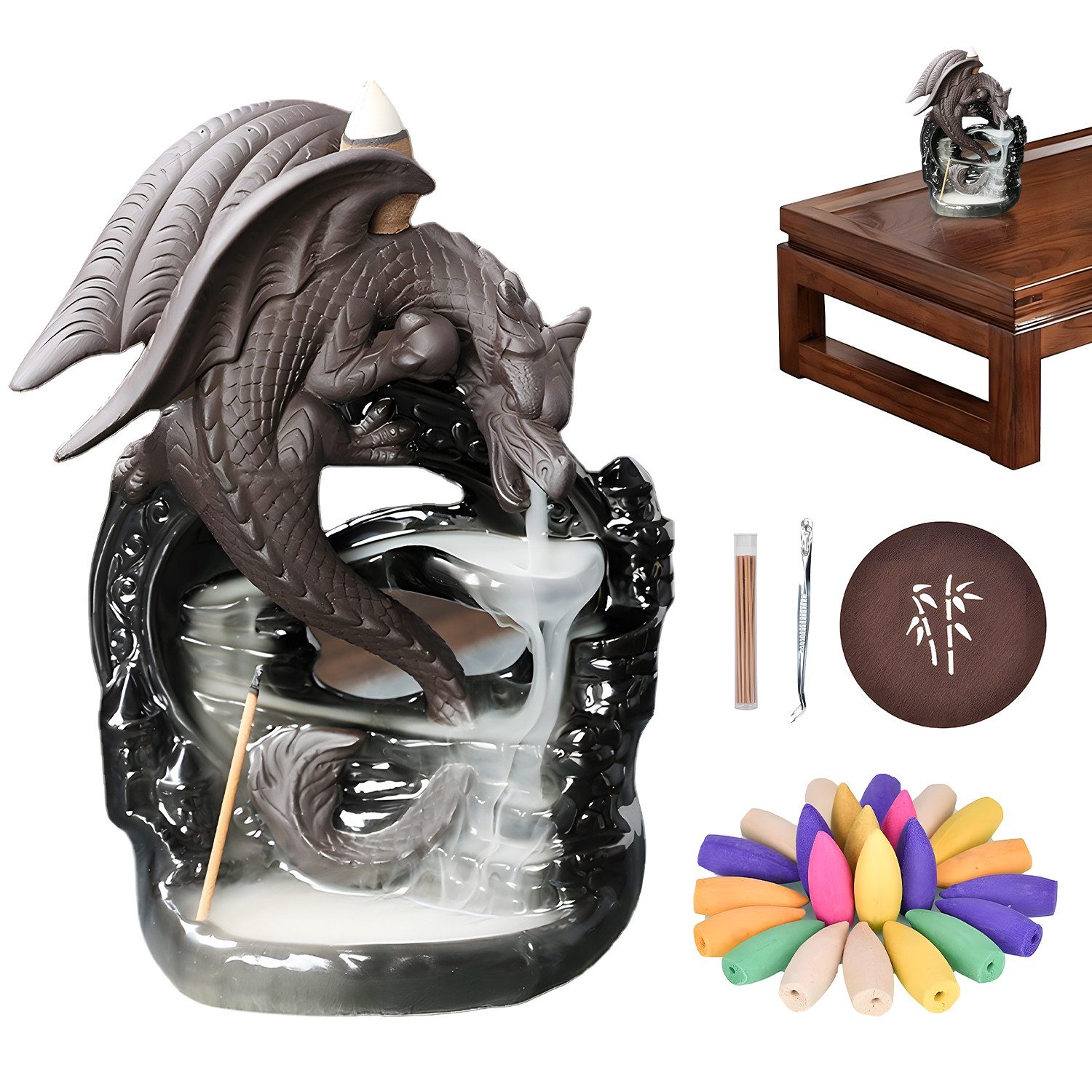 SURFOU Räucherstäbchen-Halter Drachen Räuchergefäß Räucherstäbchenhalter Wasserfall Räucherkegel, mit 20 Räucherkegeln Heimdekoration, Aromatherapie-Ornament