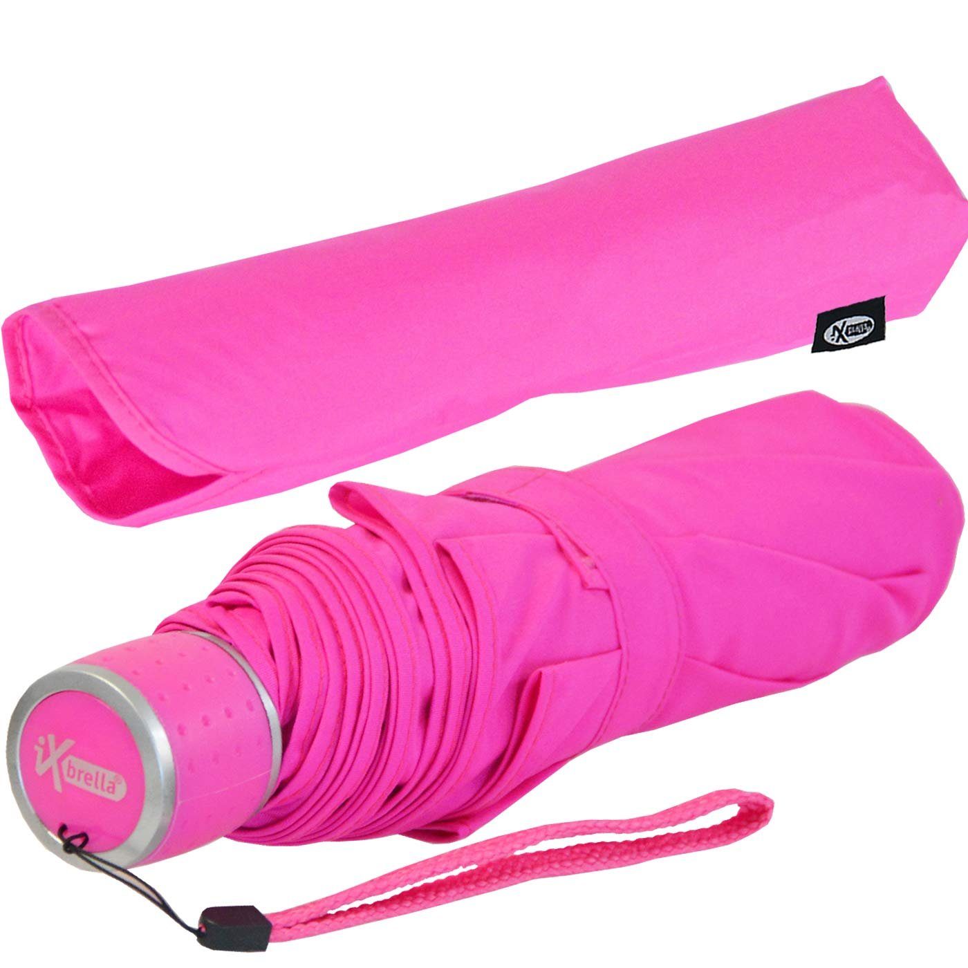 neon-pink Dach mit iX-brella Light - Mini - extra farbenfroh Taschenregenschirm leicht, Ultra großem