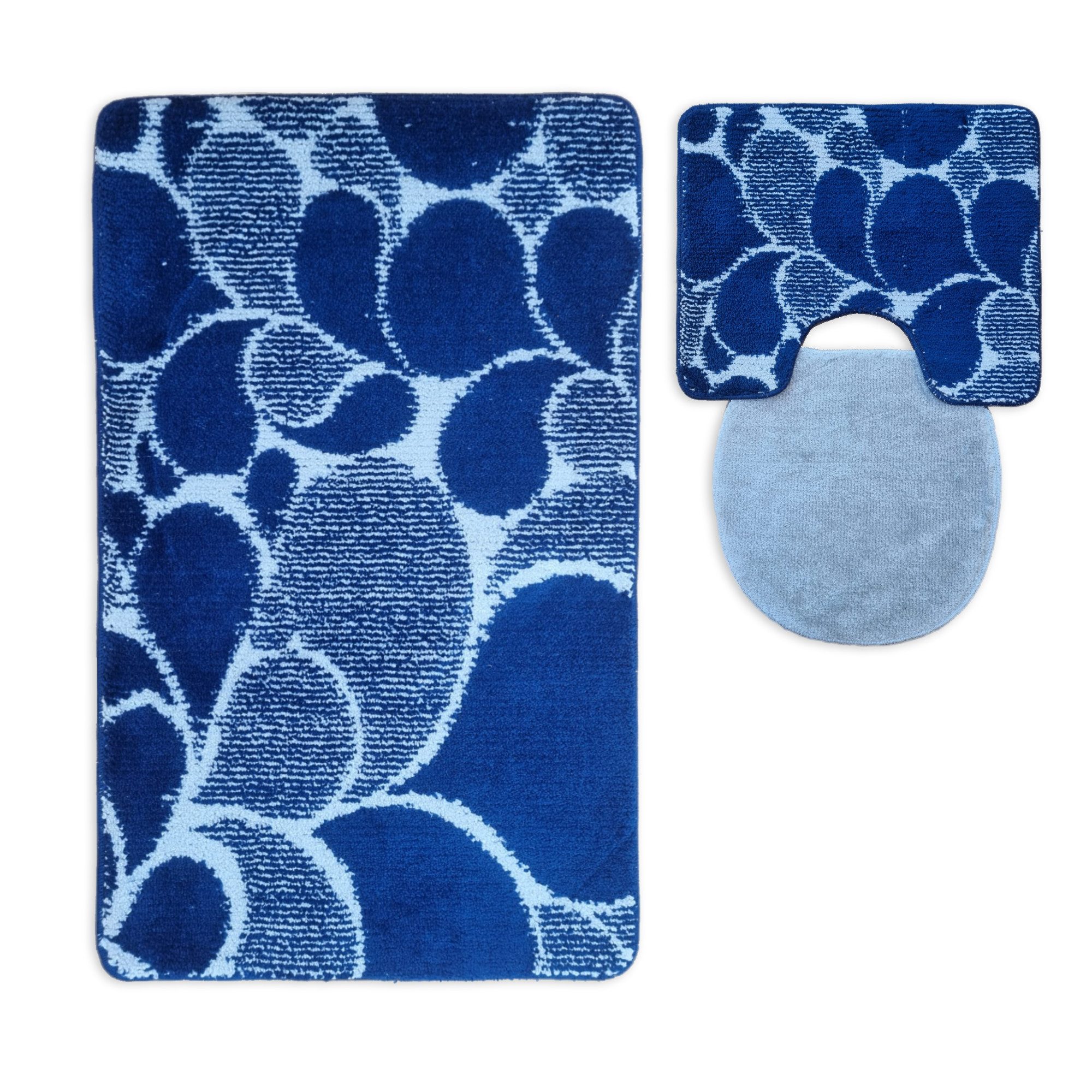 ROLFNERS Badematte 3 tlg Badematte Badezimmerteppich Badteppich Set Blau, Weicher Flor, Rutschfest, Schnell Trocknend, Fußbodenheizungsgeeignet, Polypropylen, Florhöhe ca. 15 mm, Waschbar bis max. 30°C