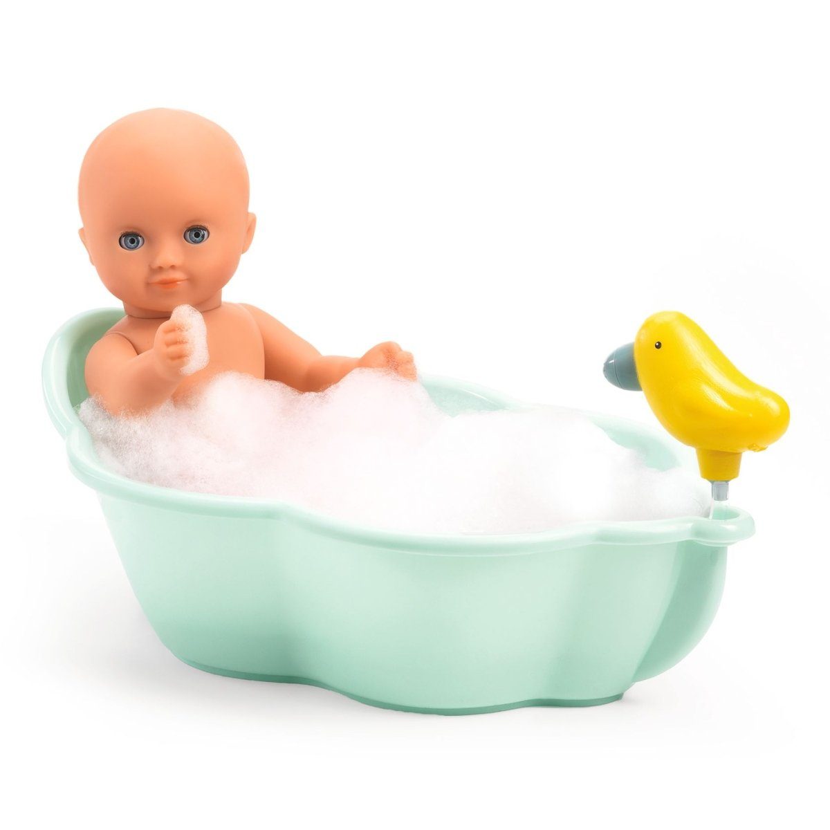 DJECO Puppen Badewanne POMEA Form einer Muschel mit einer Vogelbrause DJ07857