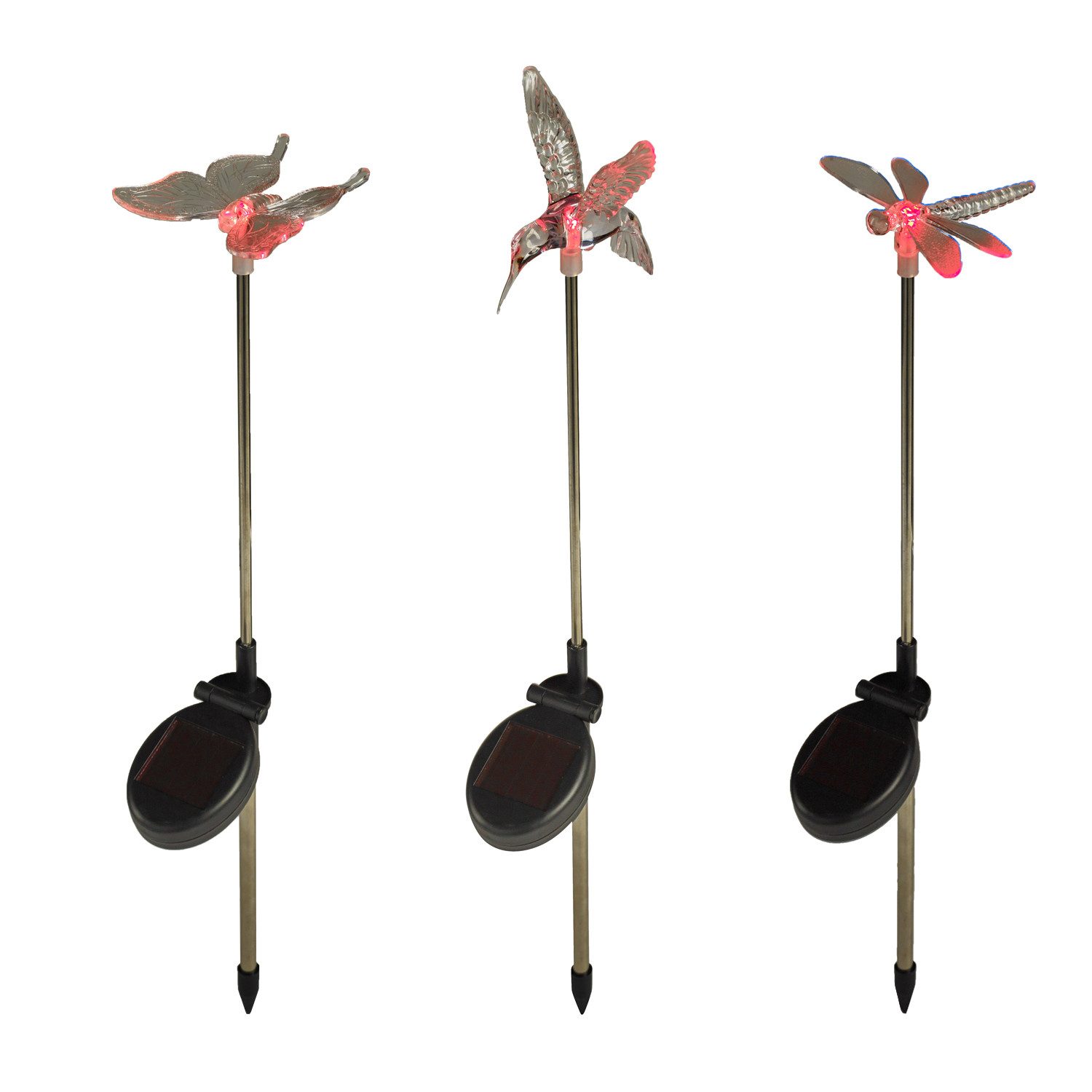 Lights4fun LED Gartenleuchte 3er Set Solar Stableuchten Libelle, Schmetterling und Kolibri