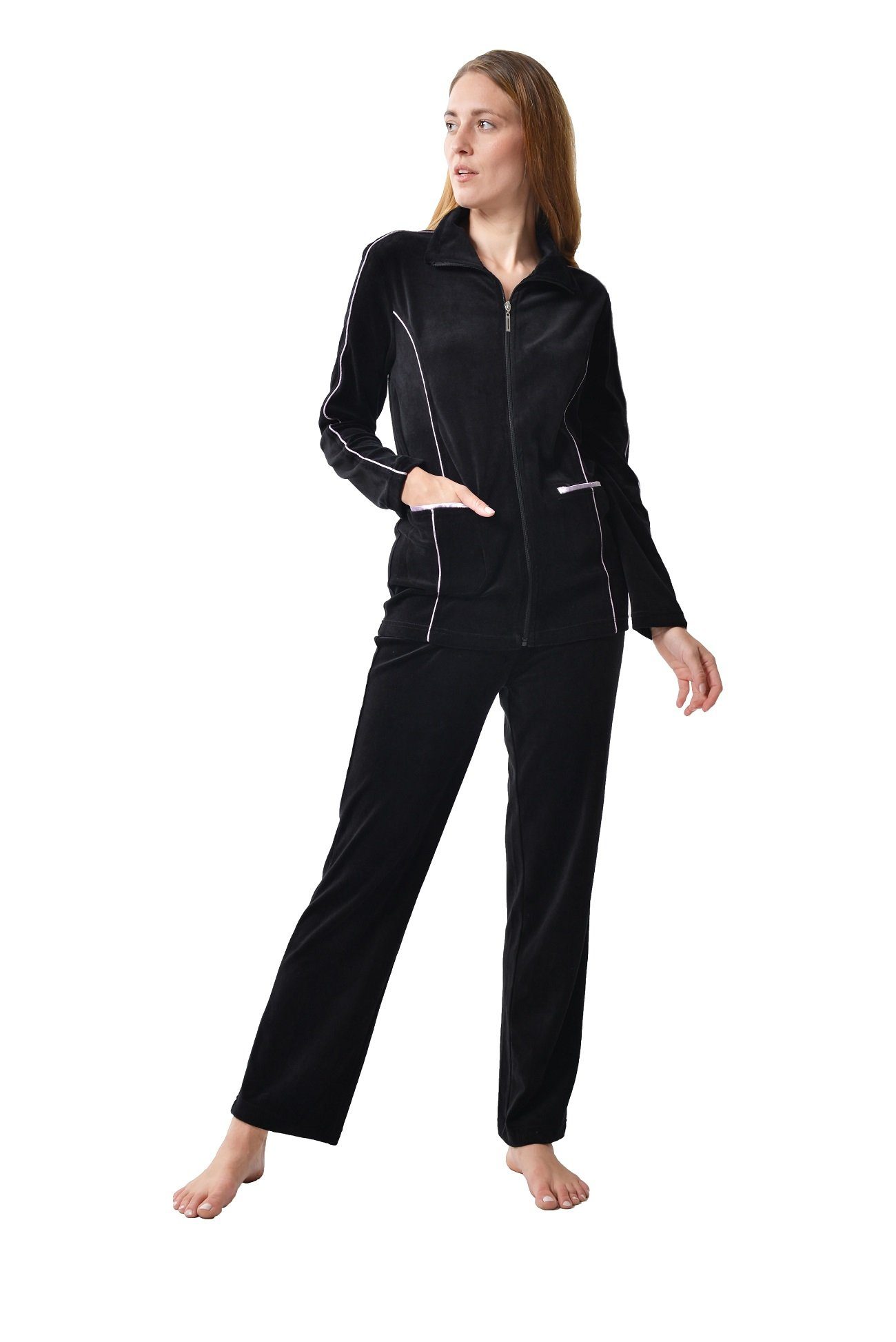 RAIKOU Hausanzug Hausanzüg Nicki Hausanzug Trainingsanzug Freizeitanzug (mit Reißverschluss und Satinband) mit Kontraspaspel-Details