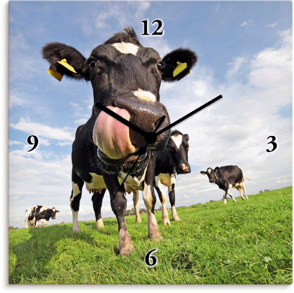 Artland Wanduhr Holstein-Kuh mit gewaltiger Zunge (wahlweise mit Quarz-  oder Funkuhrwerk, lautlos ohne Tickgeräusche), Wahlweise geräuschlose  analoge Funkwanduhr oder Quarzuhr