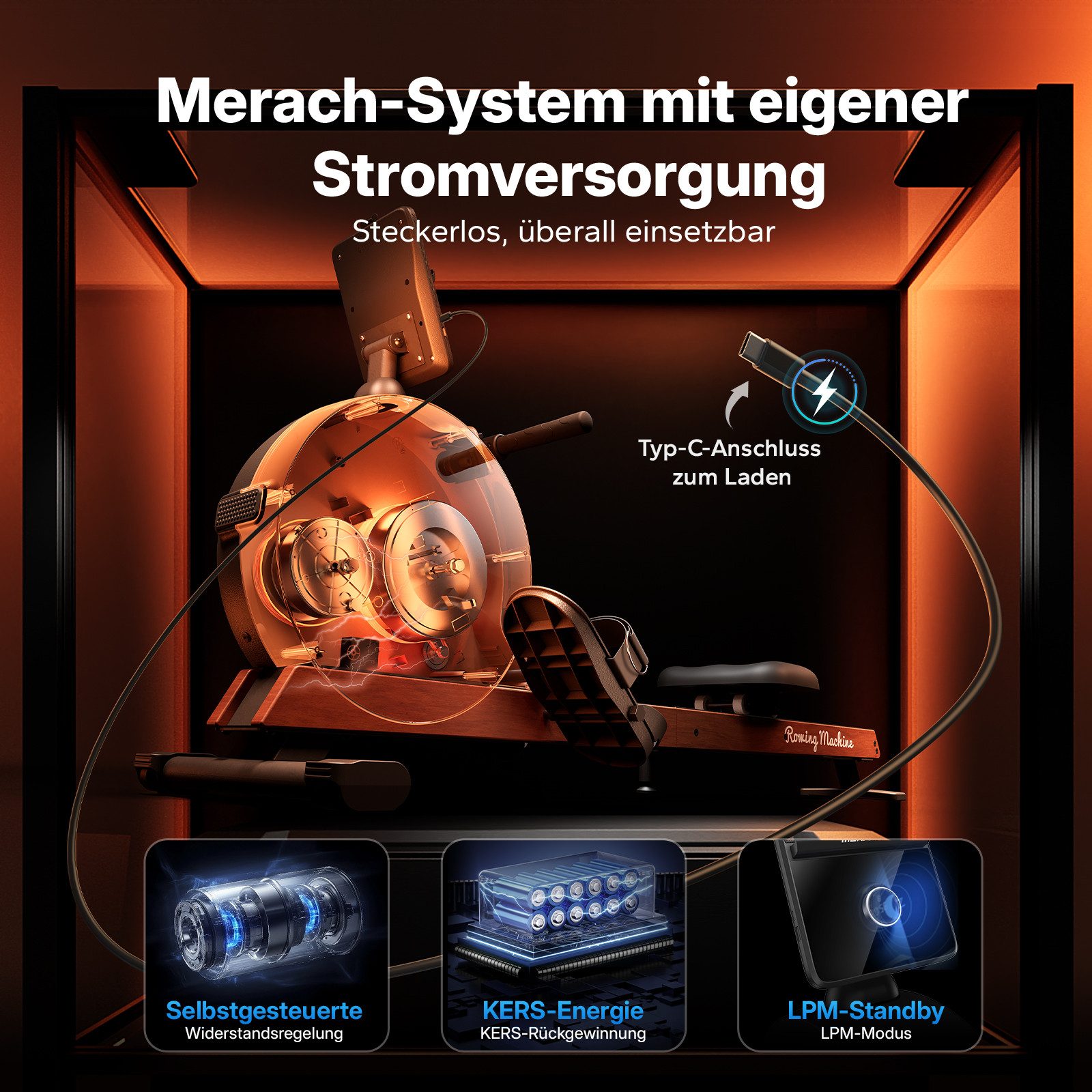 MERACH Rudergerät Echtholz Rudergerät, 60kg Magnet, Selbstversorgend, Profi-Heimtrainer (Doppelschienen-System,Massivholz-Rudermaschine, HD LED Anzeige, 1-tlg., Bluetooth App-Anbindung, automatische Widerstandsanpassung), Besonders leise, Ganzkörpertraining