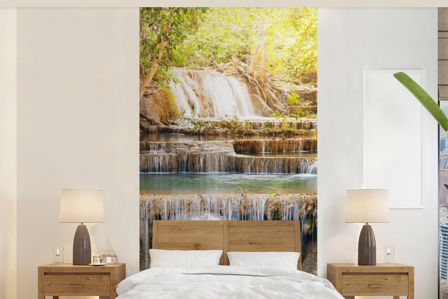 MuchoWow Fototapete Sonne - Wasserfall - Landschaft, Matt, bedruckt, (2 St), Vliestapete für Wohnzimmer Schlafzimmer Küche, Fototapete