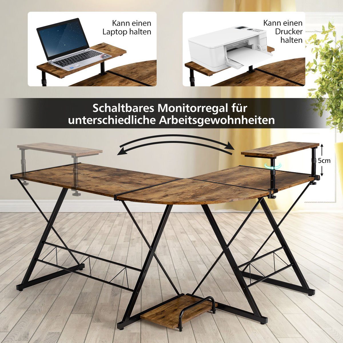 COSTWAY Computertisch, Monitorregal, CPU-Ständer, Metallrahmen, 147x112x79c günstig online kaufen