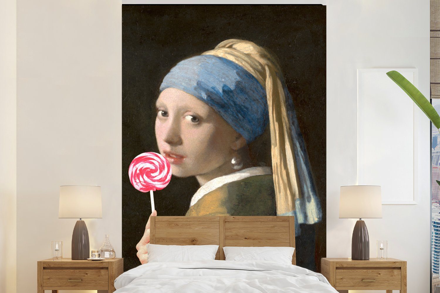 MuchoWow Fototapete Mädchen mit Perlenohrring - Johannes Vermeer - Lollipop - Rosa, Matt, bedruckt, (3 St), Montagefertig Vinyl Tapete für Wohnzimmer, Wandtapete