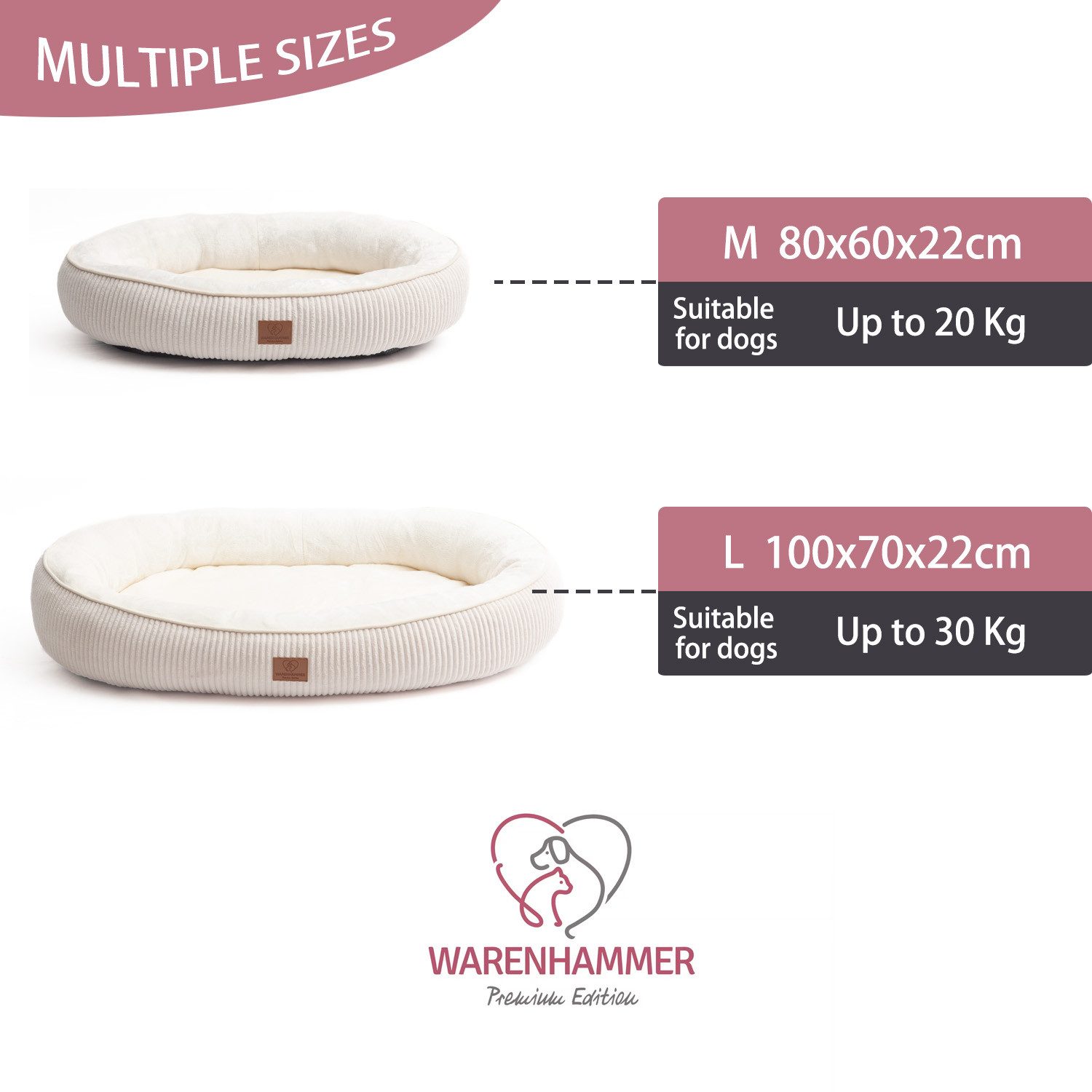 Warenhammer Hundebett Orthopädisches Premium Hundebett, flauschig weich, abnehmbar/waschbar, ca. 20-22 cm hohe Umrandung, weiches Flanell / herausnehmbare Innenmatratze