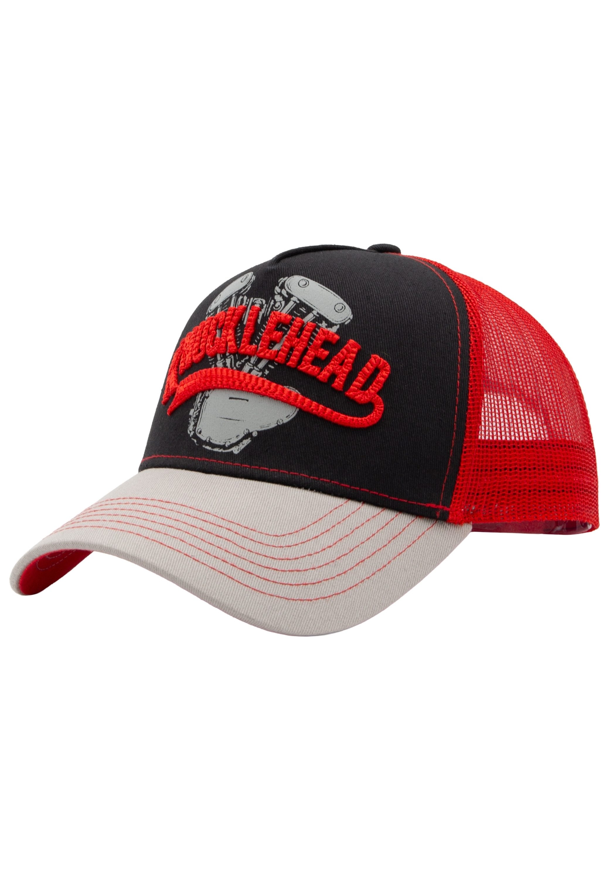 KingKerosin Trucker Cap Knucklehead Motorblock-Print mit plastisch gesticktem Schriftzug darüber